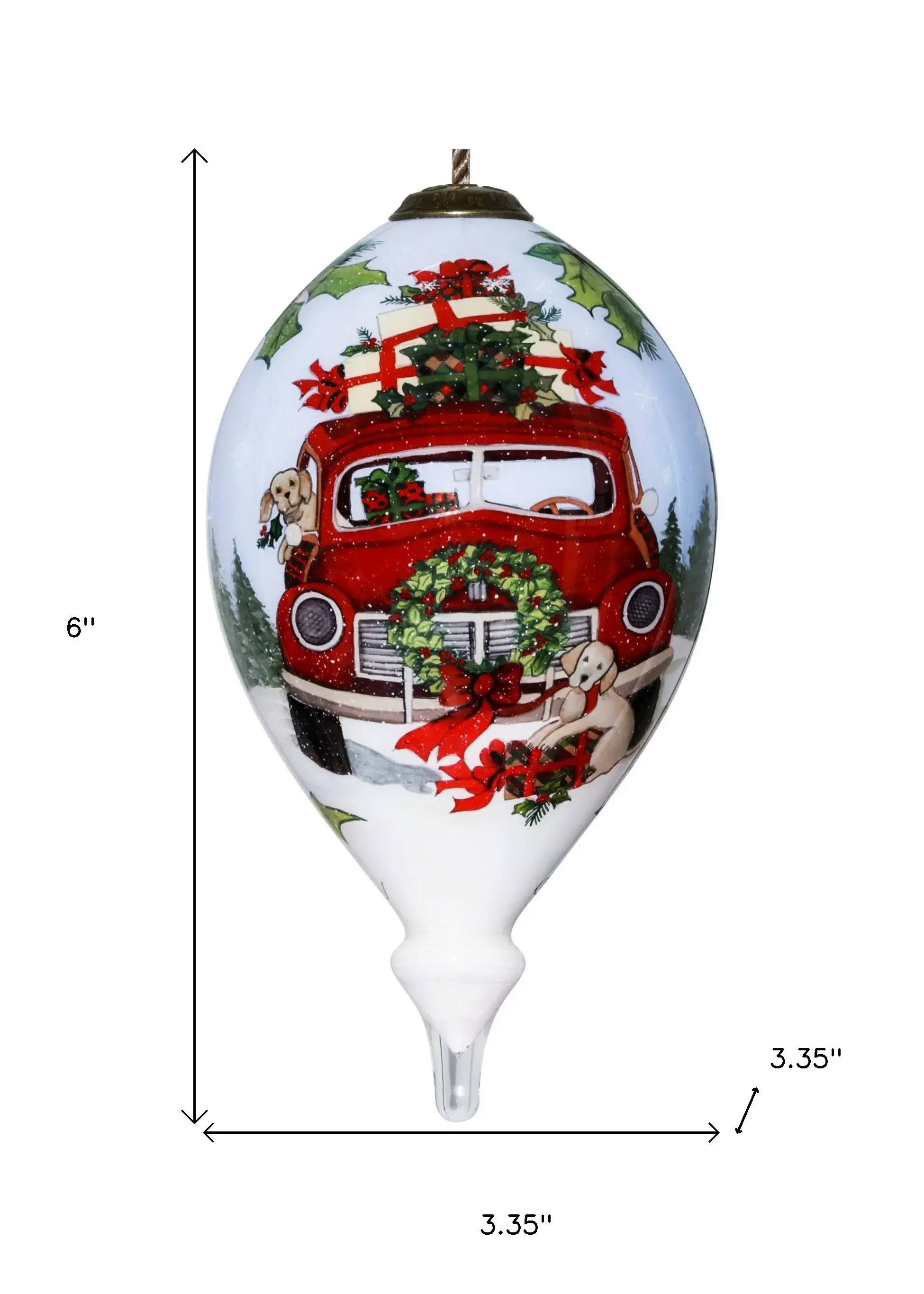 Puppy and Red Truck Christmas Wreath Hand Painted Mouth Blown Glass Ornament - Image 5