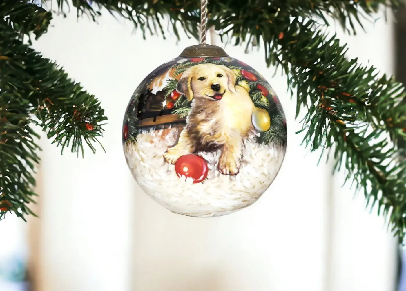 Puppy under the Christmas Tree Hand Painted Mouth Blown Glass Ornament - Image 2
