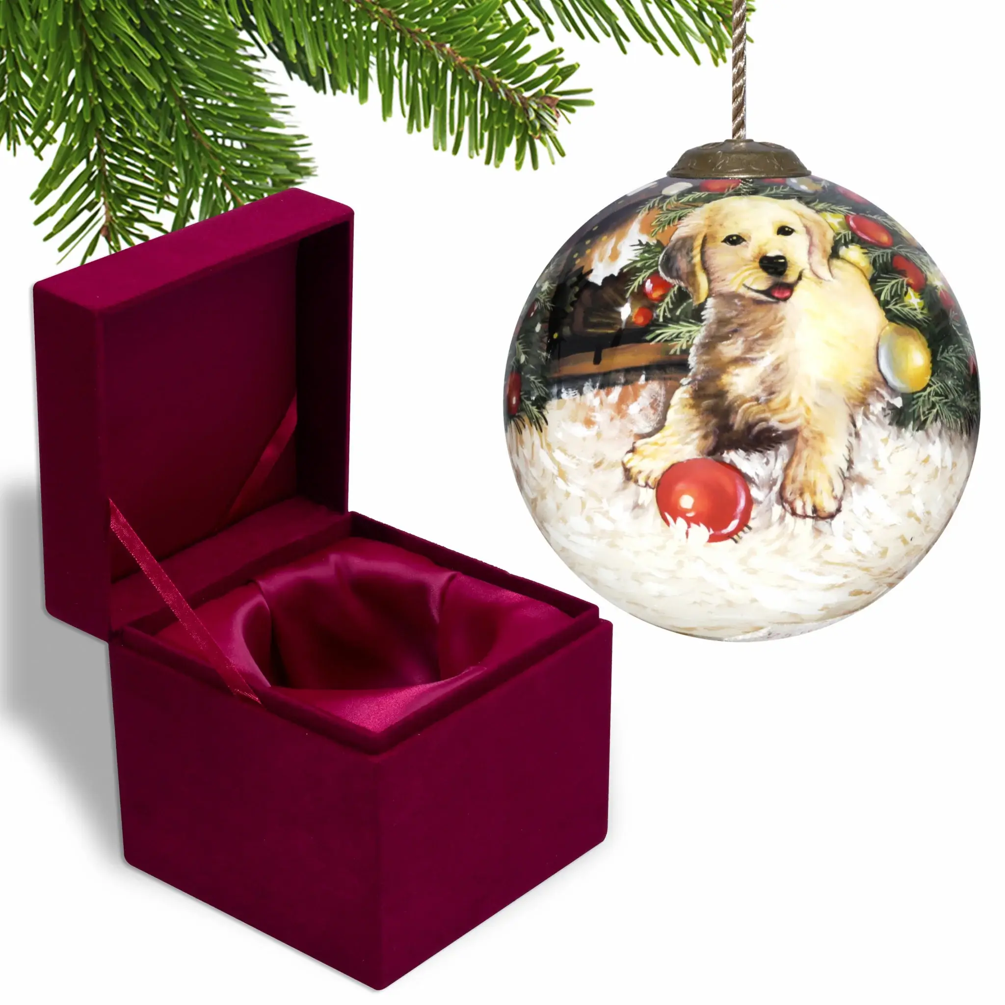 Puppy under the Christmas Tree Hand Painted Mouth Blown Glass Ornament - Image 3