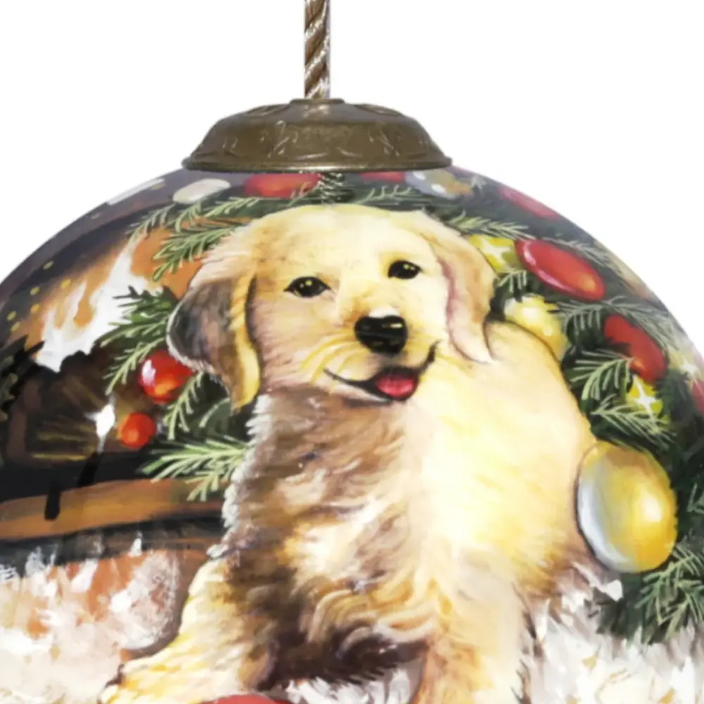Puppy under the Christmas Tree Hand Painted Mouth Blown Glass Ornament - Image 4