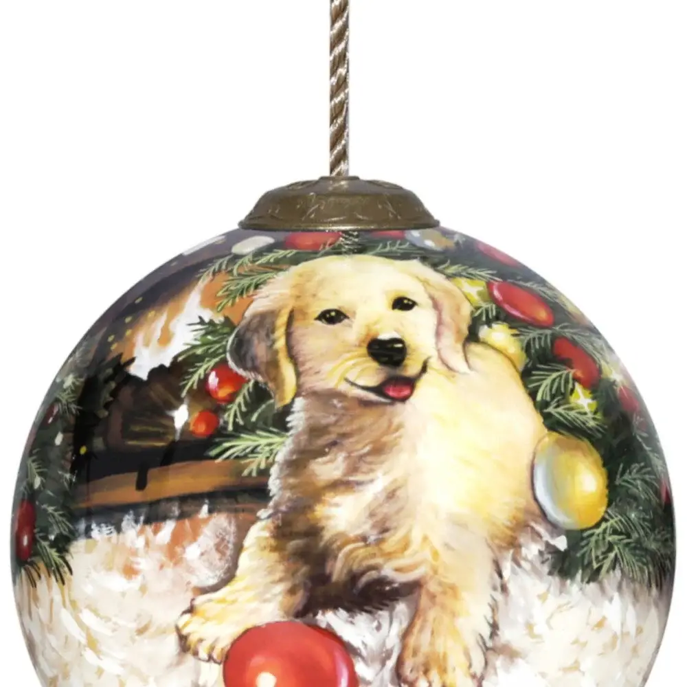 Puppy under the Christmas Tree Hand Painted Mouth Blown Glass Ornament - Image 5