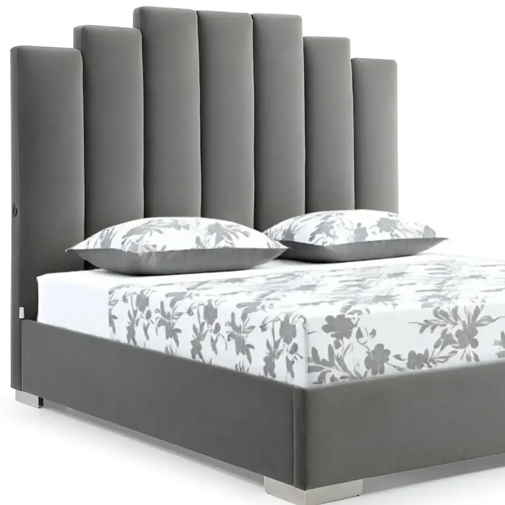 Queen Grey Upholstered Vertical Channel Velvet Bed with USB - Image 3