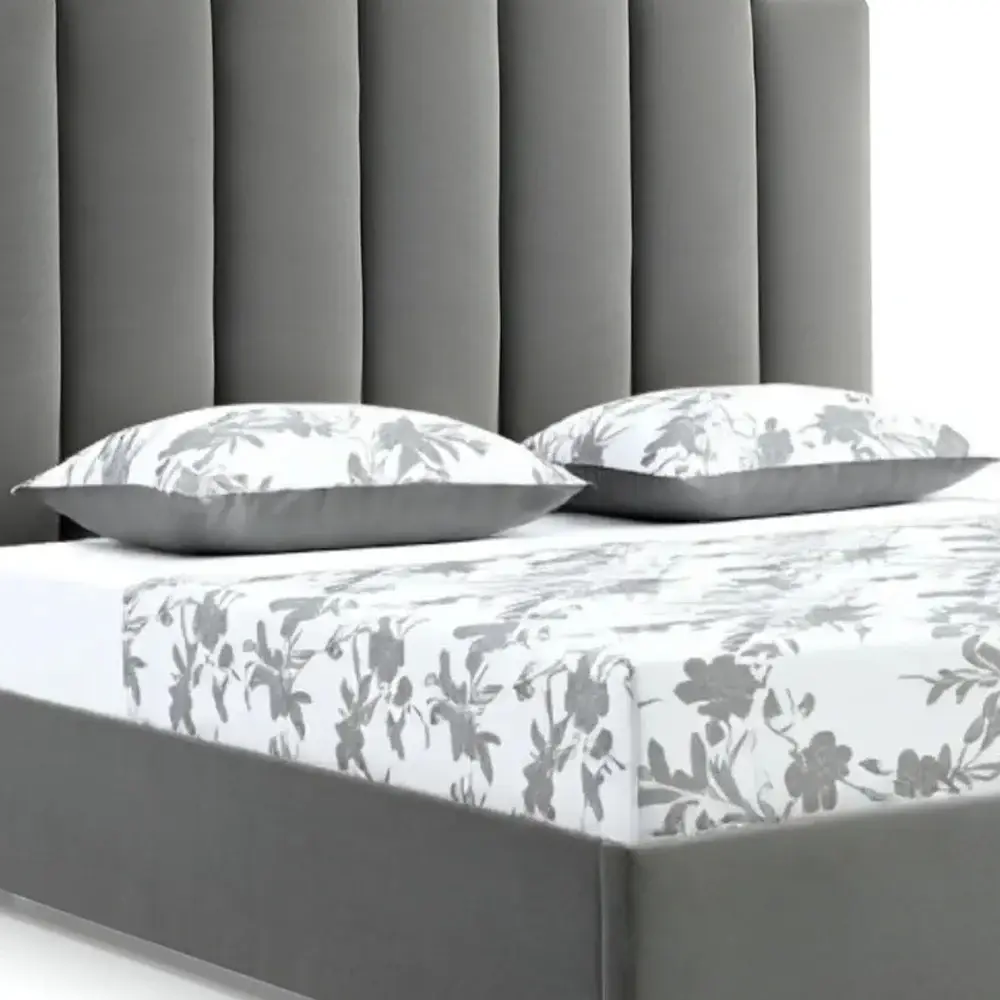 Queen Grey Upholstered Vertical Channel Velvet Bed with USB - Image 4