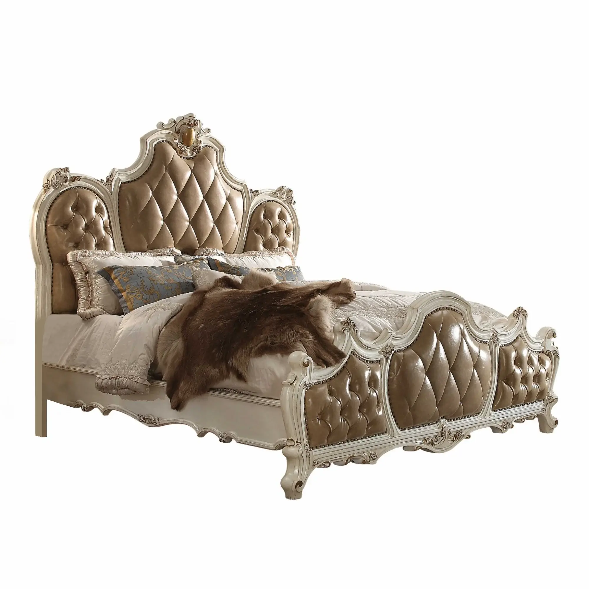 Queen Tufted Beige Upholstered Faux Leather Bed With Nailhead Trim - Image 3