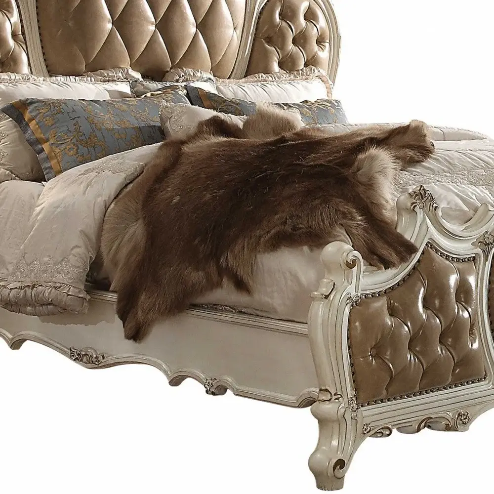 Queen Tufted Beige Upholstered Faux Leather Bed With Nailhead Trim - Image 4