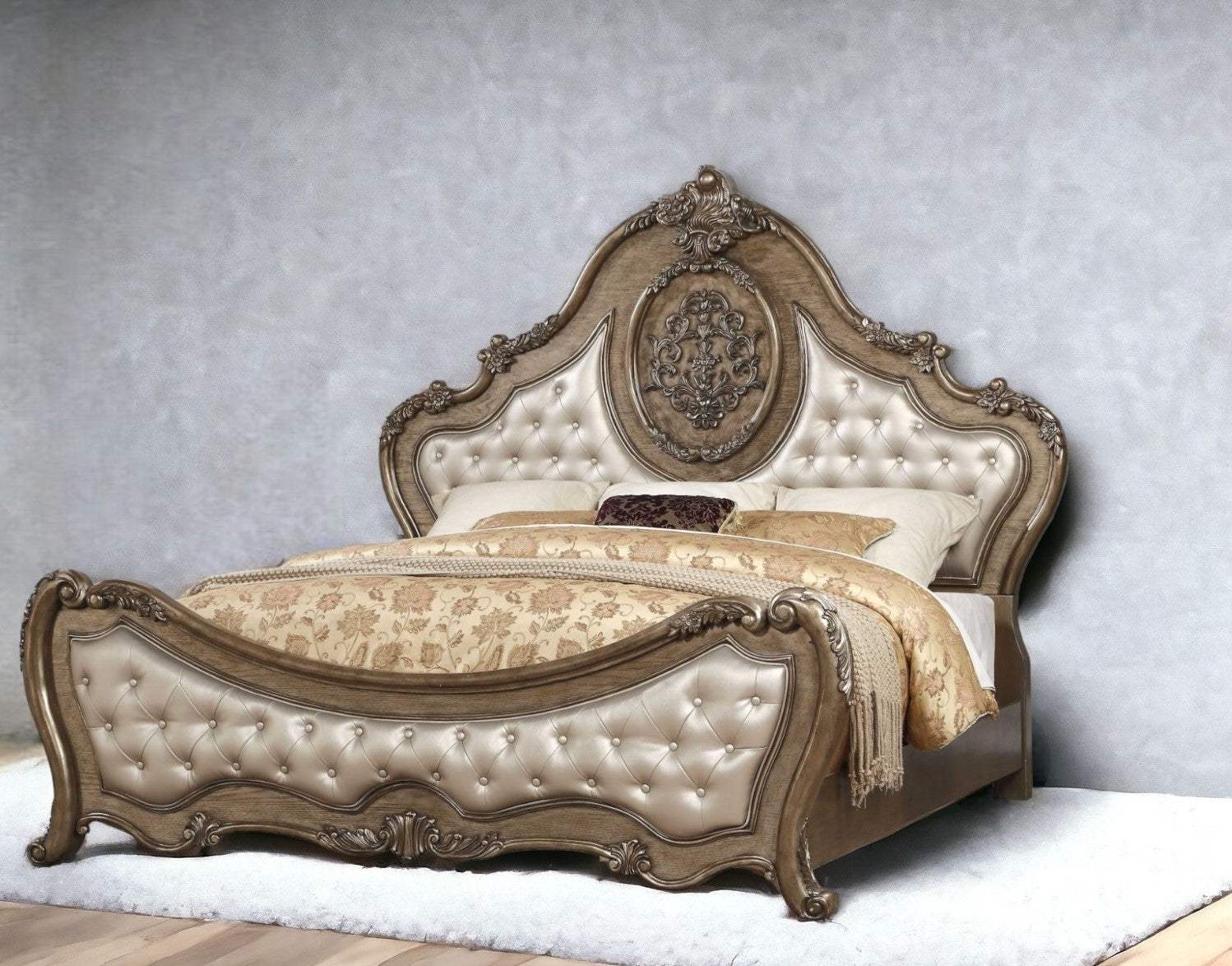 Queen Tufted Bronze Upholstered Faux Leather Bed With Nailhead Trim - Image 2
