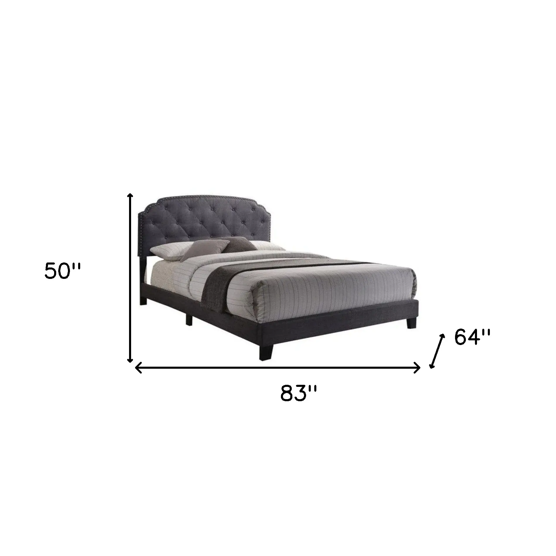 Queen Tufted Gray Upholstered Linen Bed With Nailhead Trim - Image 4