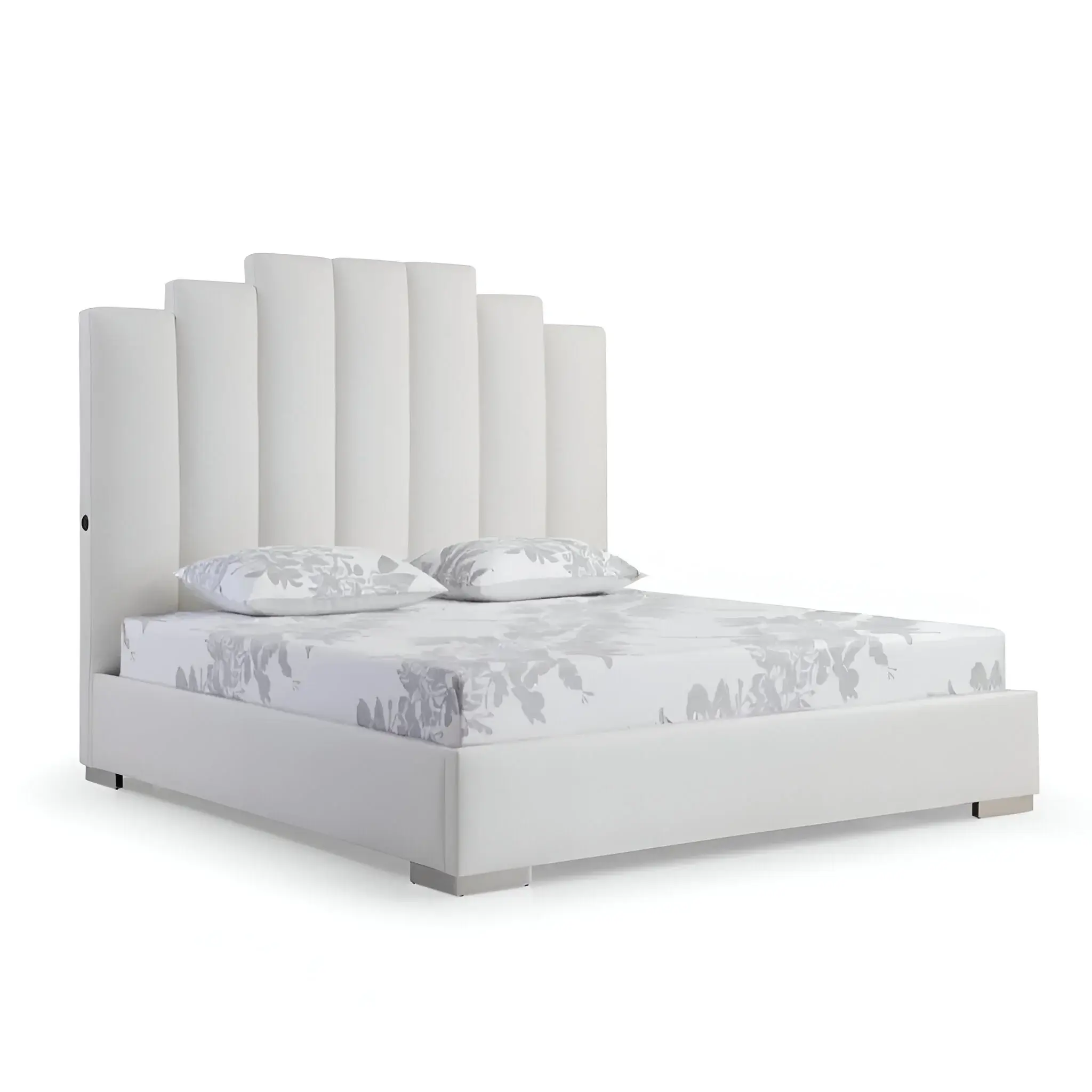 Queen White Vertical Channel Faux Leather Bed with USB - Image 2