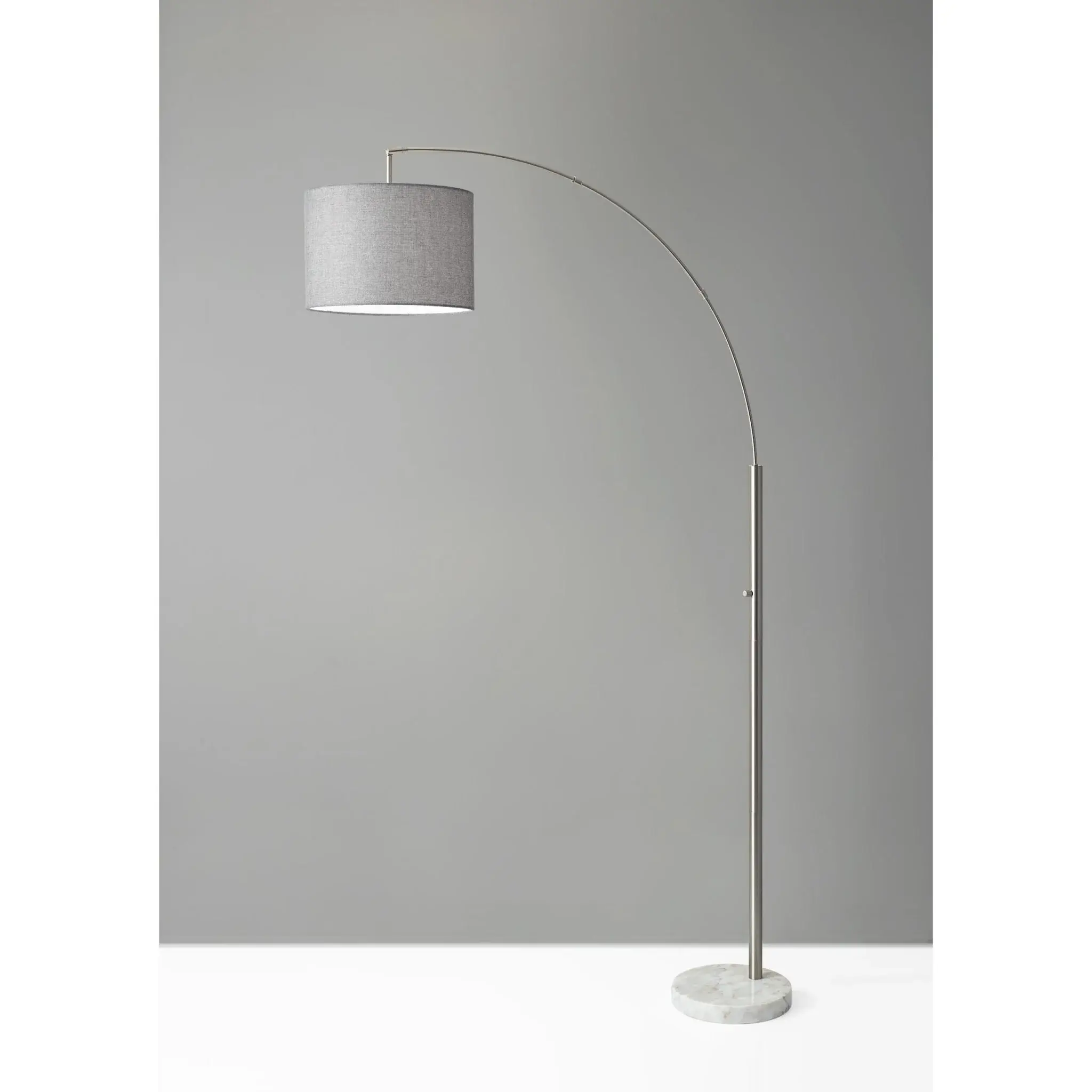 Reading Nook Floor Lamp Brushed Steel Arc Arm Adjustable Grey Fabric Shade - Image 4