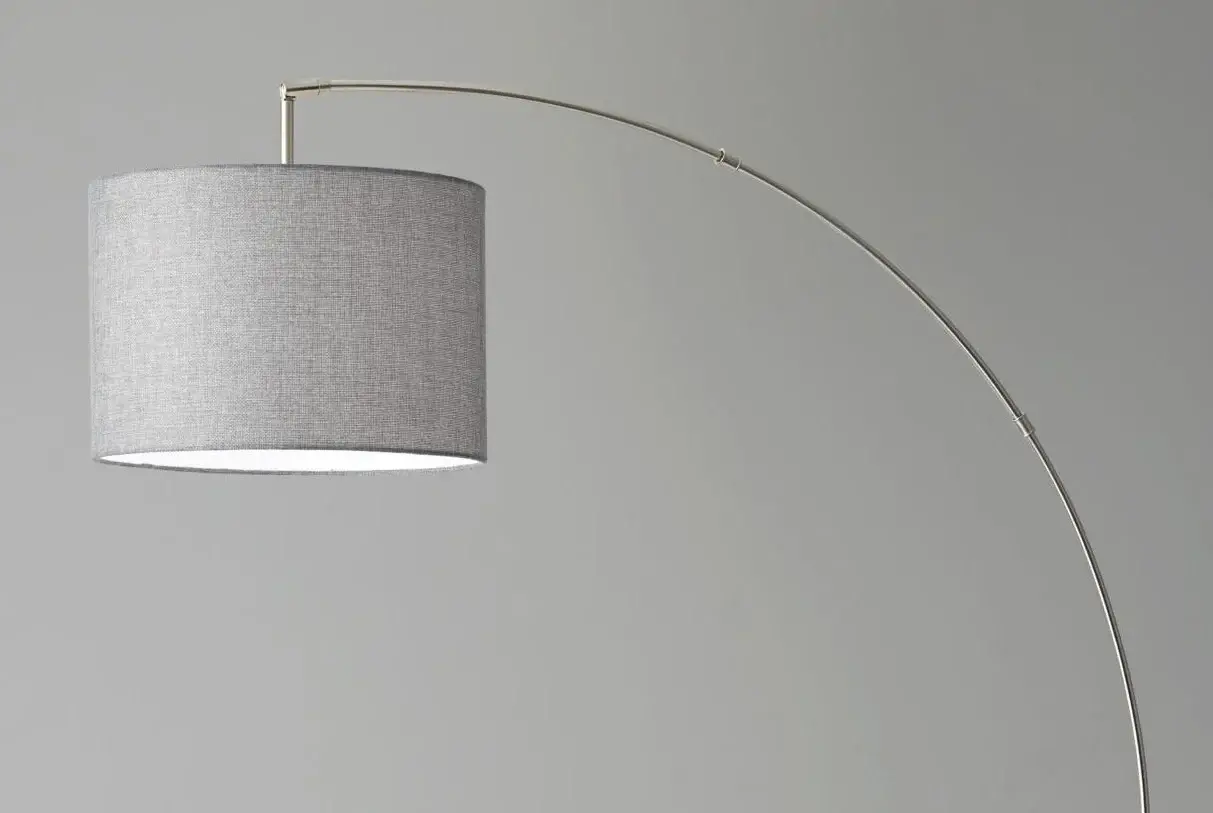 Reading Nook Floor Lamp Brushed Steel Arc Arm Adjustable Grey Fabric Shade - Image 5