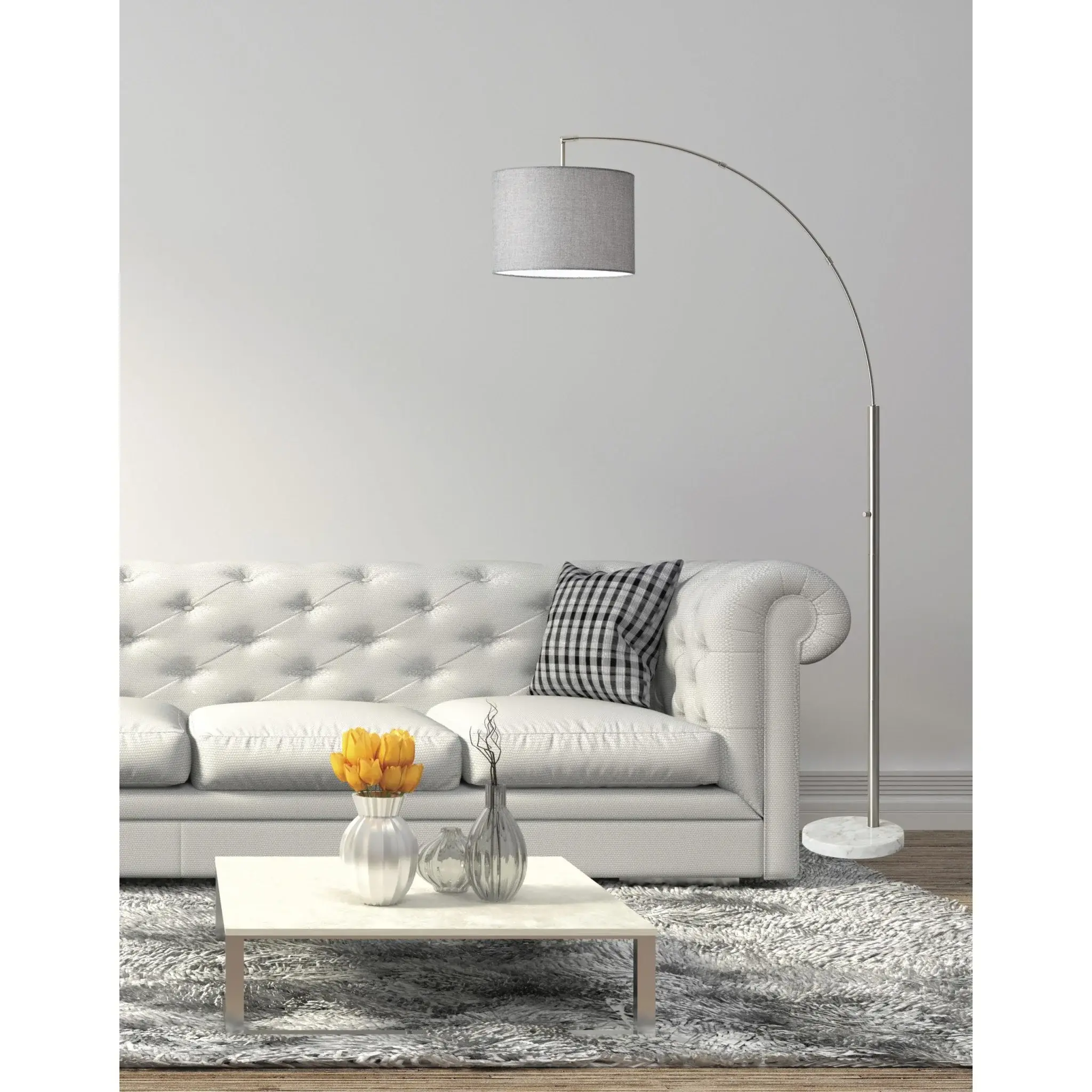 Reading Nook Floor Lamp Brushed Steel Arc Arm Adjustable Grey Fabric Shade - Image 7