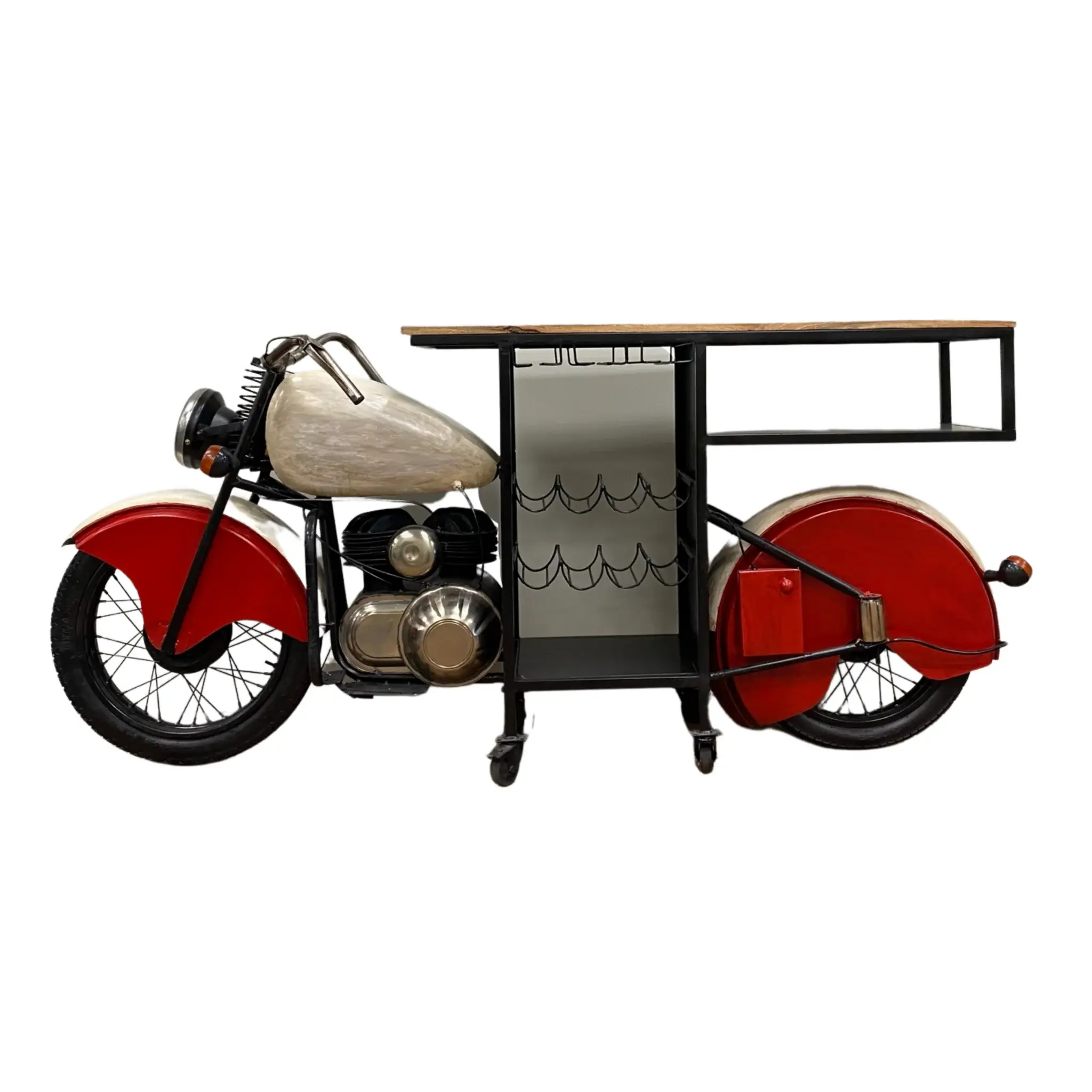 Red and Black Metal And Wood Rolling Glider Bike Bar Cart With Wine Storage - Image 2
