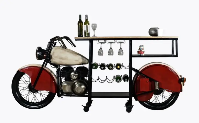 Red and Black Metal And Wood Rolling Glider Bike Bar Cart With Wine Storage - Image 5