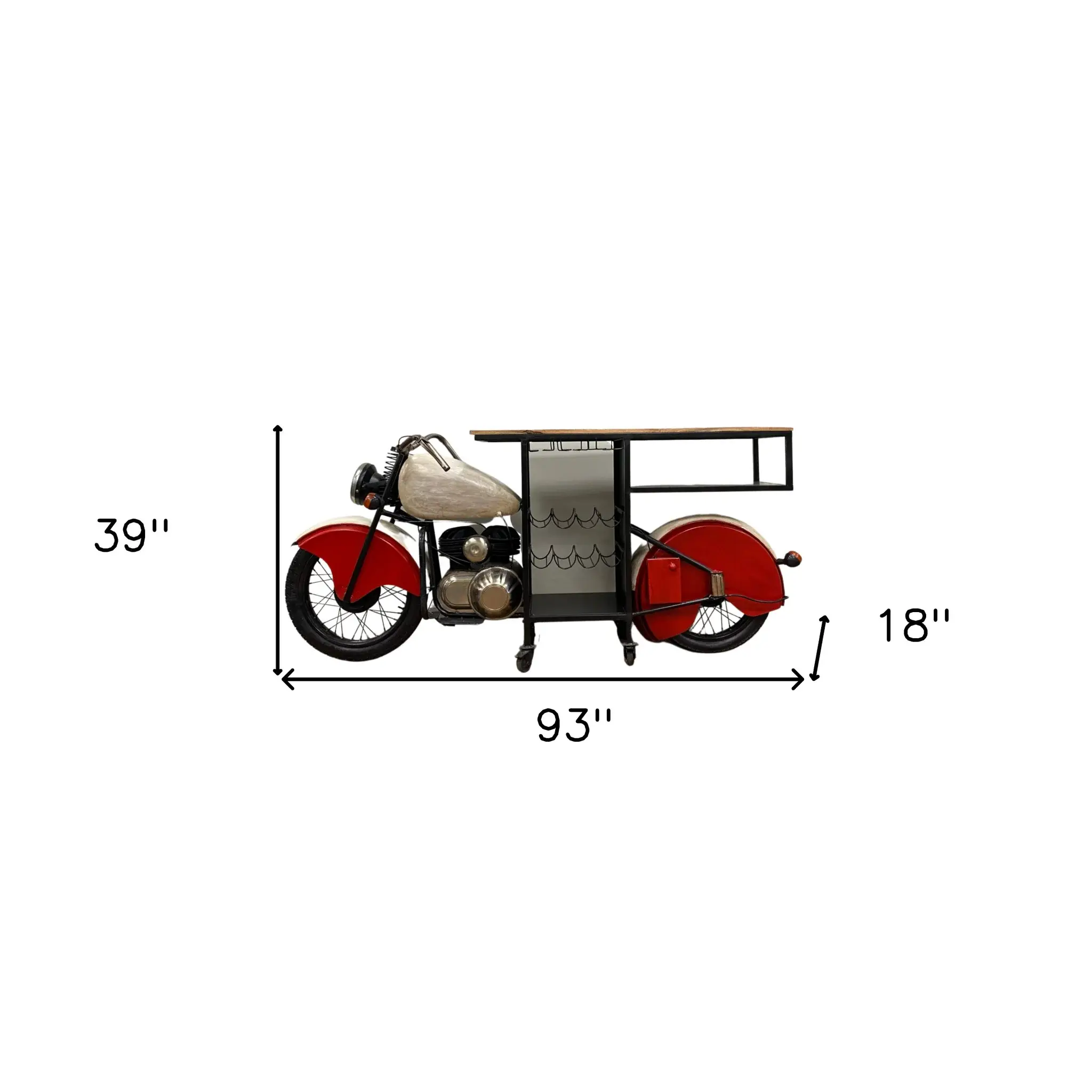 Red and Black Metal And Wood Rolling Glider Bike Bar Cart With Wine Storage - Image 8