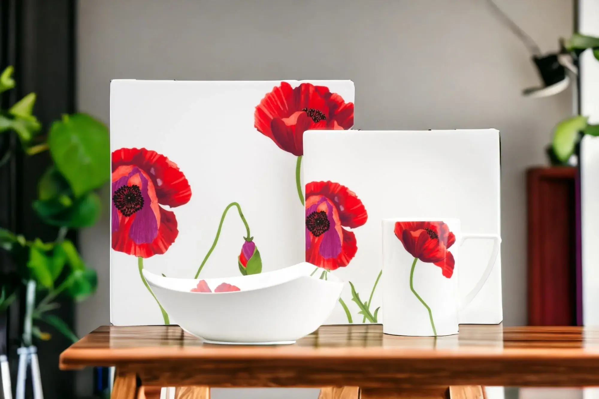 Red and White Six Piece Square Floral Bone China Service For Six Dinner Plate Set - Image 2