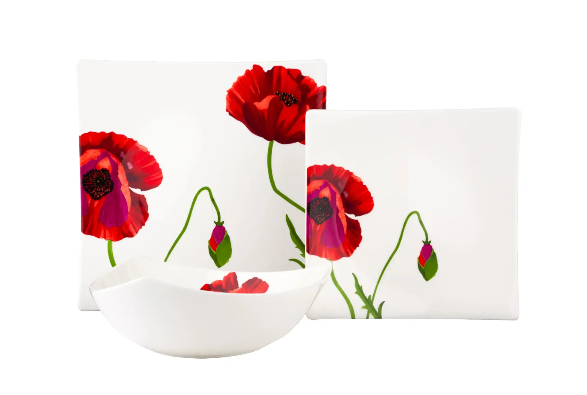 Red and White Six Piece Square Floral Bone China Service For Six Salad Plate Set - Image 5
