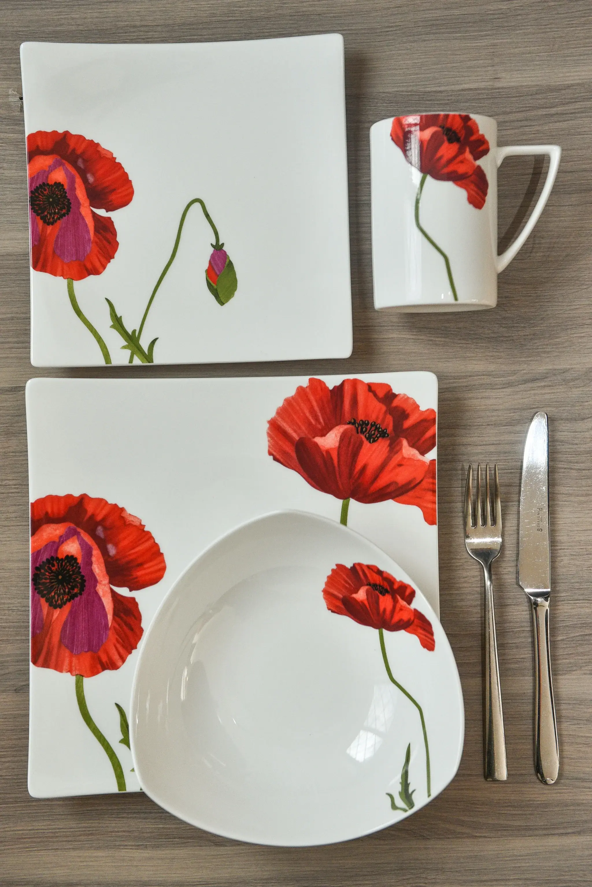 Red and White Six Piece Square Floral Bone China Service For Six Salad Plate Set - Image 8