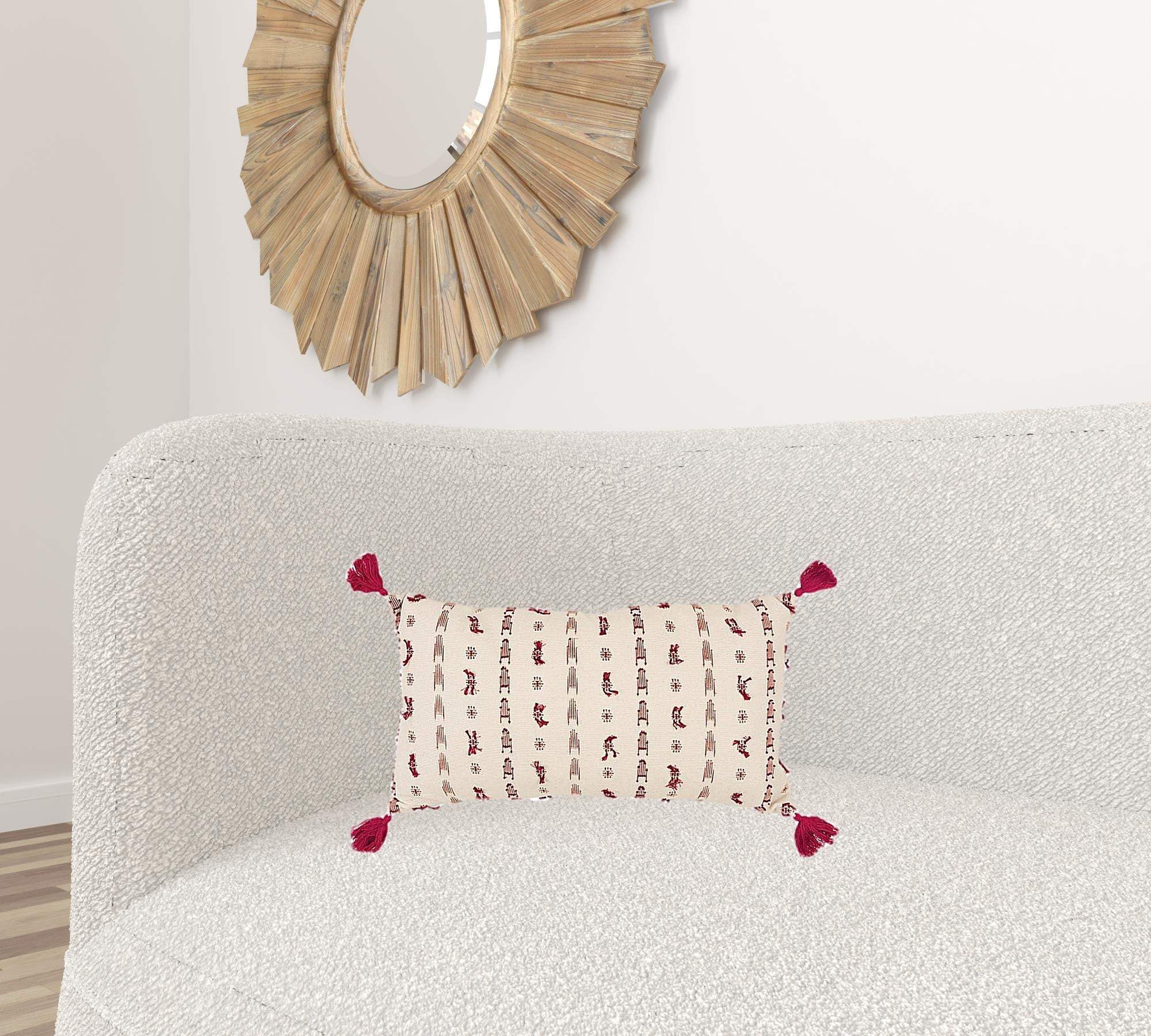 Red Beige Tribal Inspired Tasseled Lumbar Pillow - Image 2