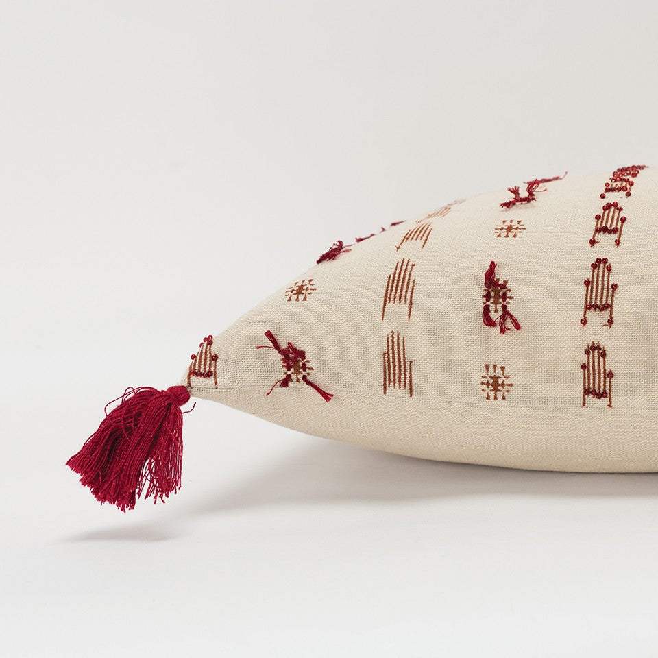Red Beige Tribal Inspired Tasseled Lumbar Pillow - Image 3
