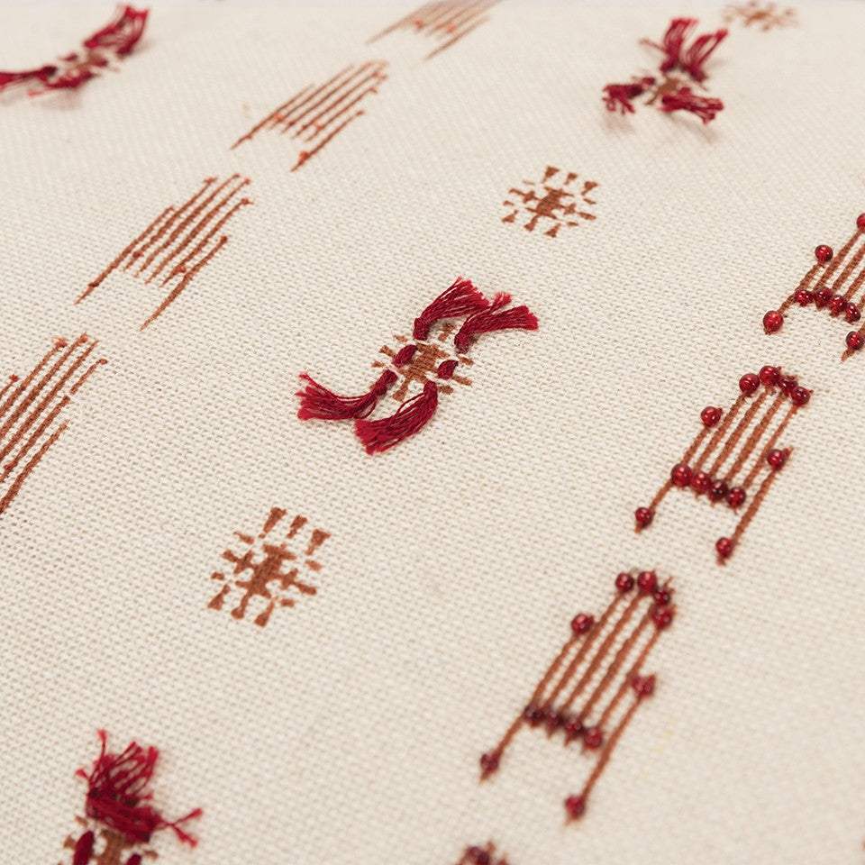 Red Beige Tribal Inspired Tasseled Lumbar Pillow - Image 4