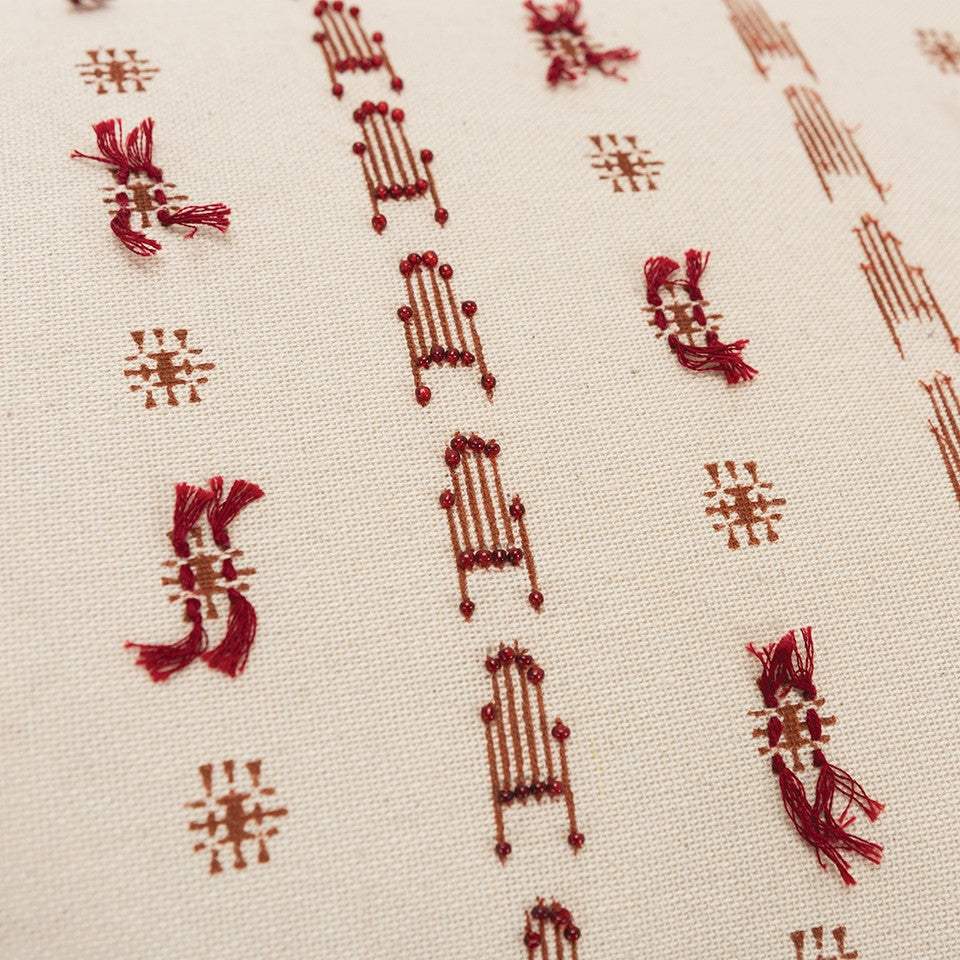 Red Beige Tribal Inspired Tasseled Lumbar Pillow - Image 5