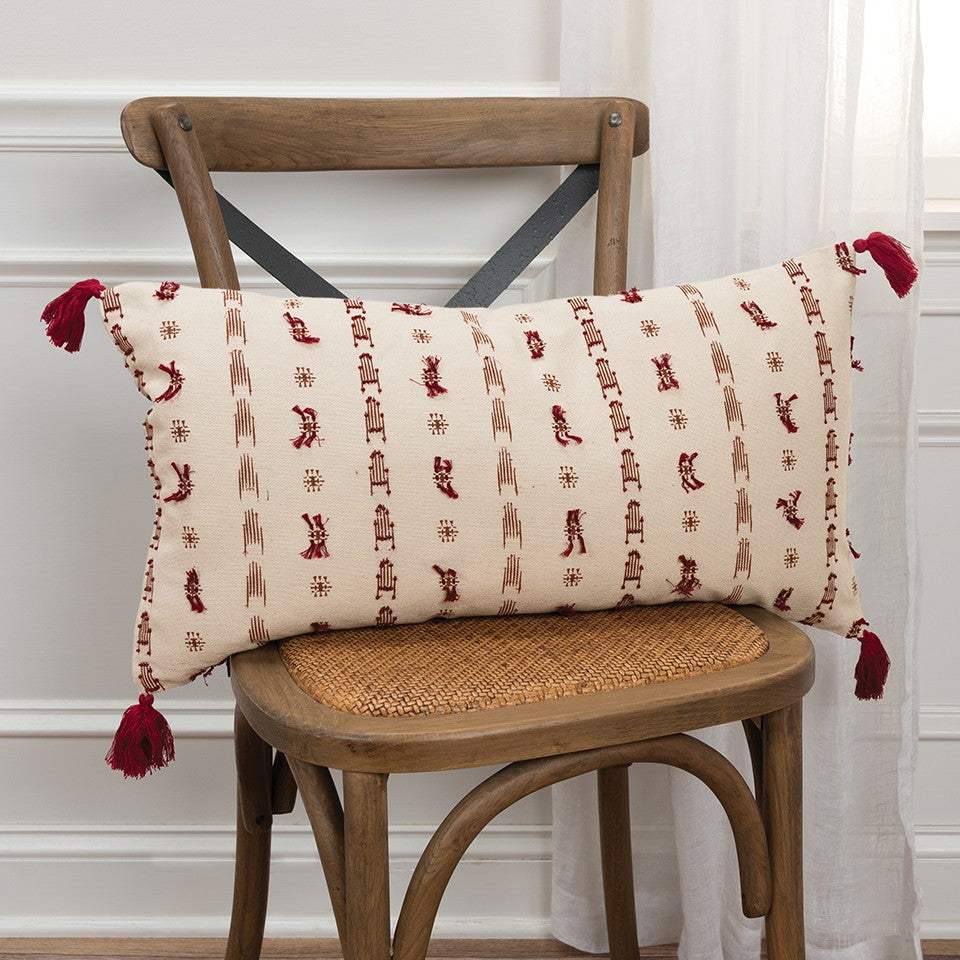 Red Beige Tribal Inspired Tasseled Lumbar Pillow - Image 6