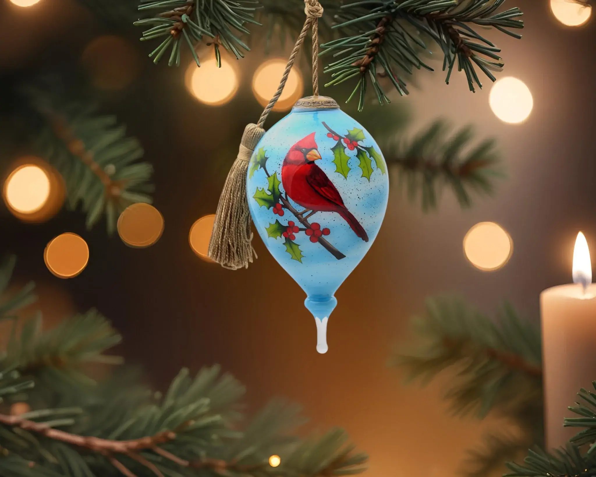 Red Cardinal on Christmas Holly Branches Hand Painted Mouth Blown Glass Ornament - Image 2