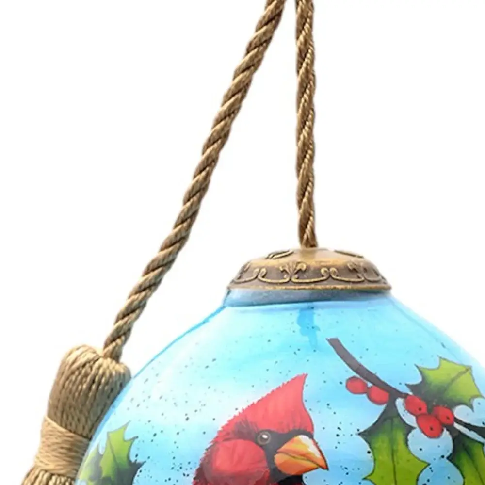 Red Cardinal on Christmas Holly Branches Hand Painted Mouth Blown Glass Ornament - Image 3