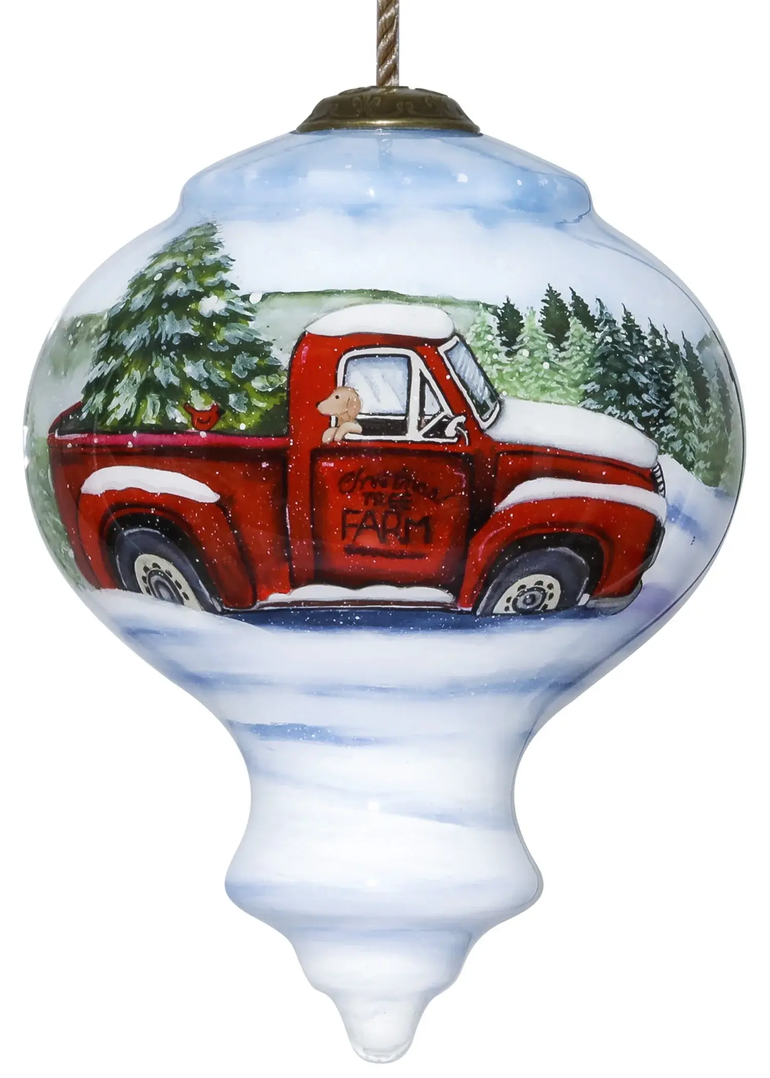 Red Farm Truck with Tree Hand Painted Mouth Blown Glass Ornament - Image 2