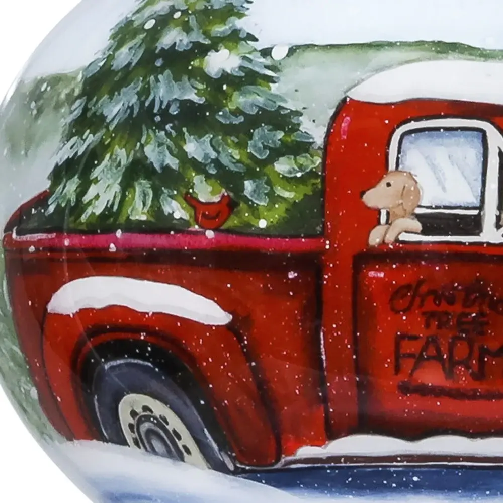 Red Farm Truck with Tree Hand Painted Mouth Blown Glass Ornament - Image 3