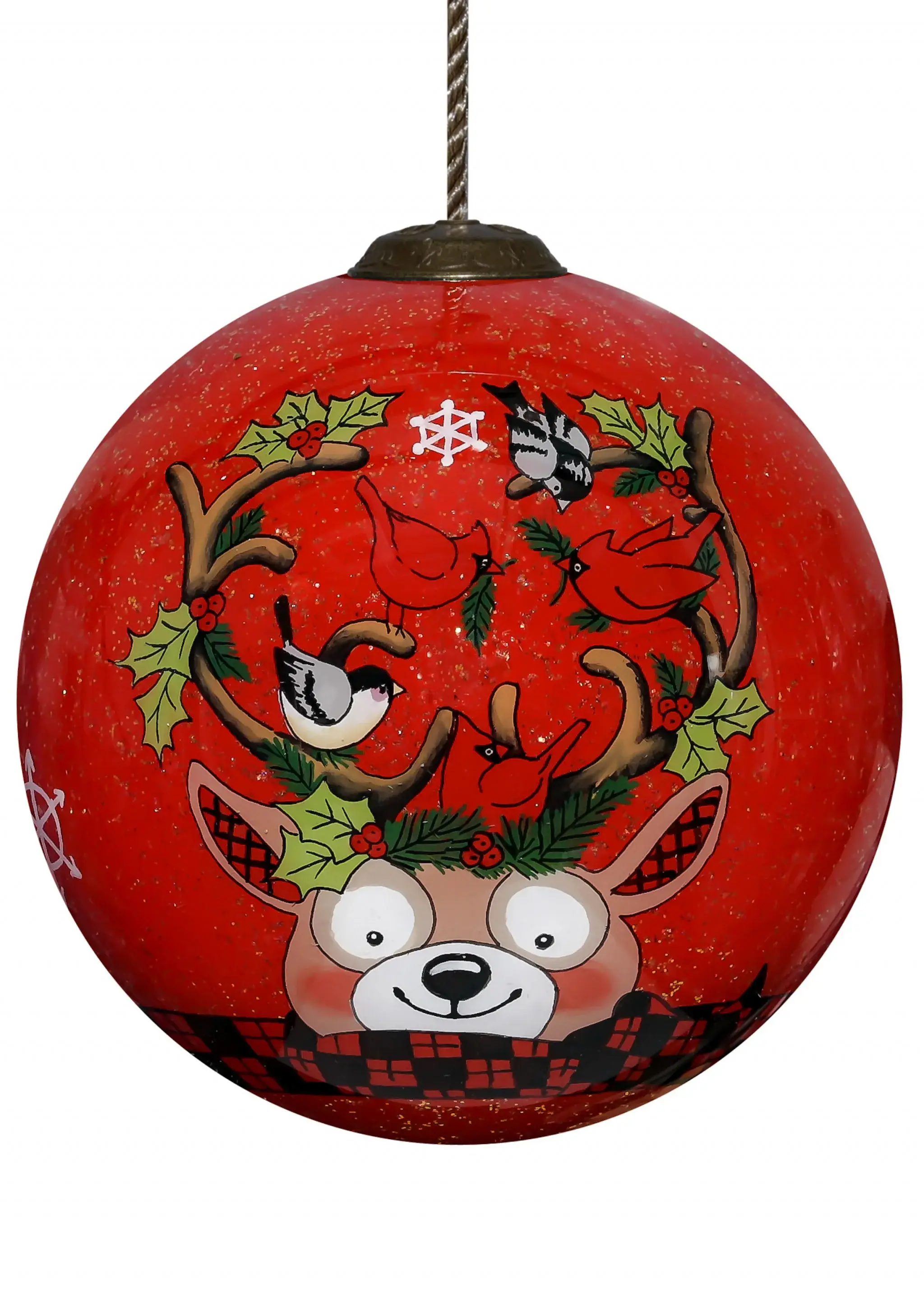 Reindeer with Plaids and Cardinals Hand Painted Mouth Blown Glass Ornament - Image 2