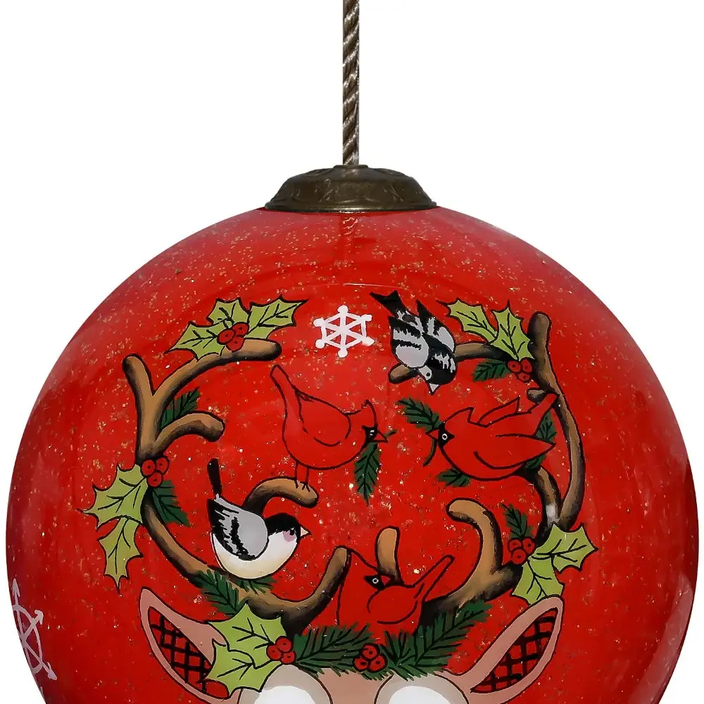 Reindeer with Plaids and Cardinals Hand Painted Mouth Blown Glass Ornament - Image 3