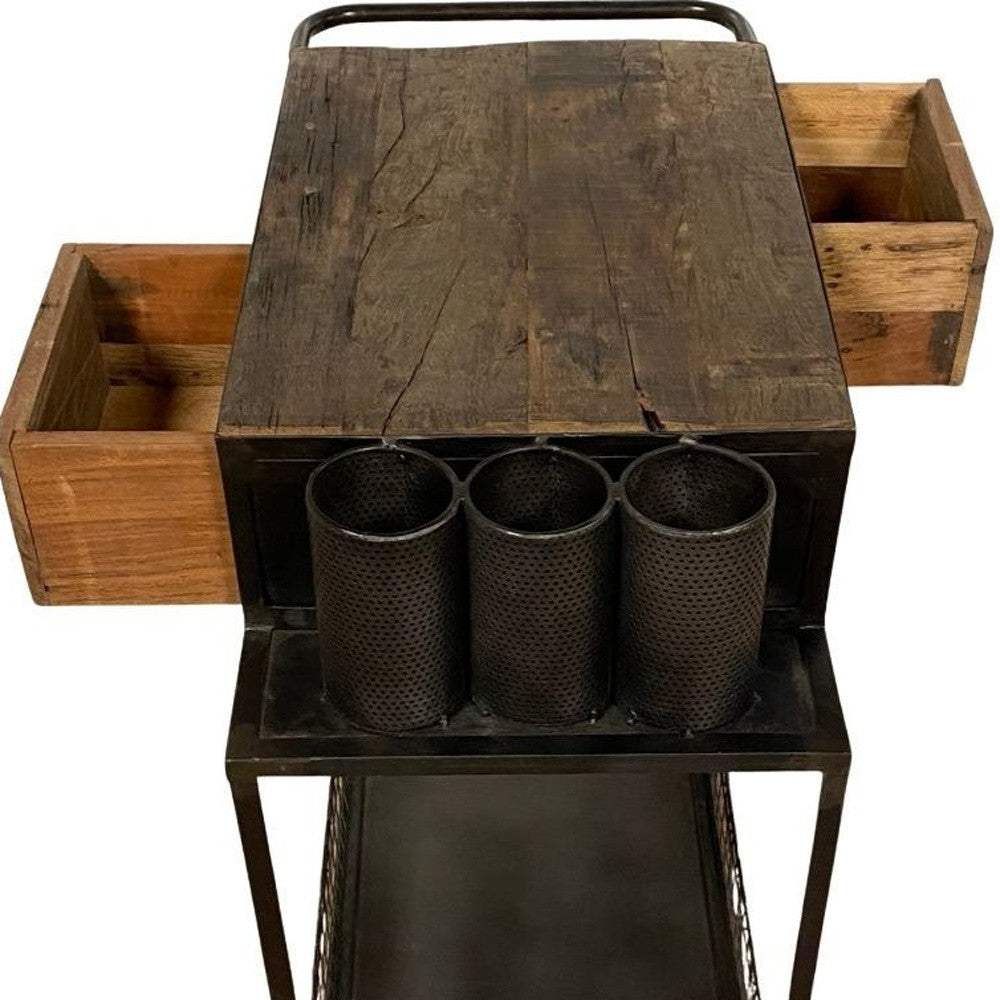 Rolling Rustic Black And Natural Bar Cart - Image 3