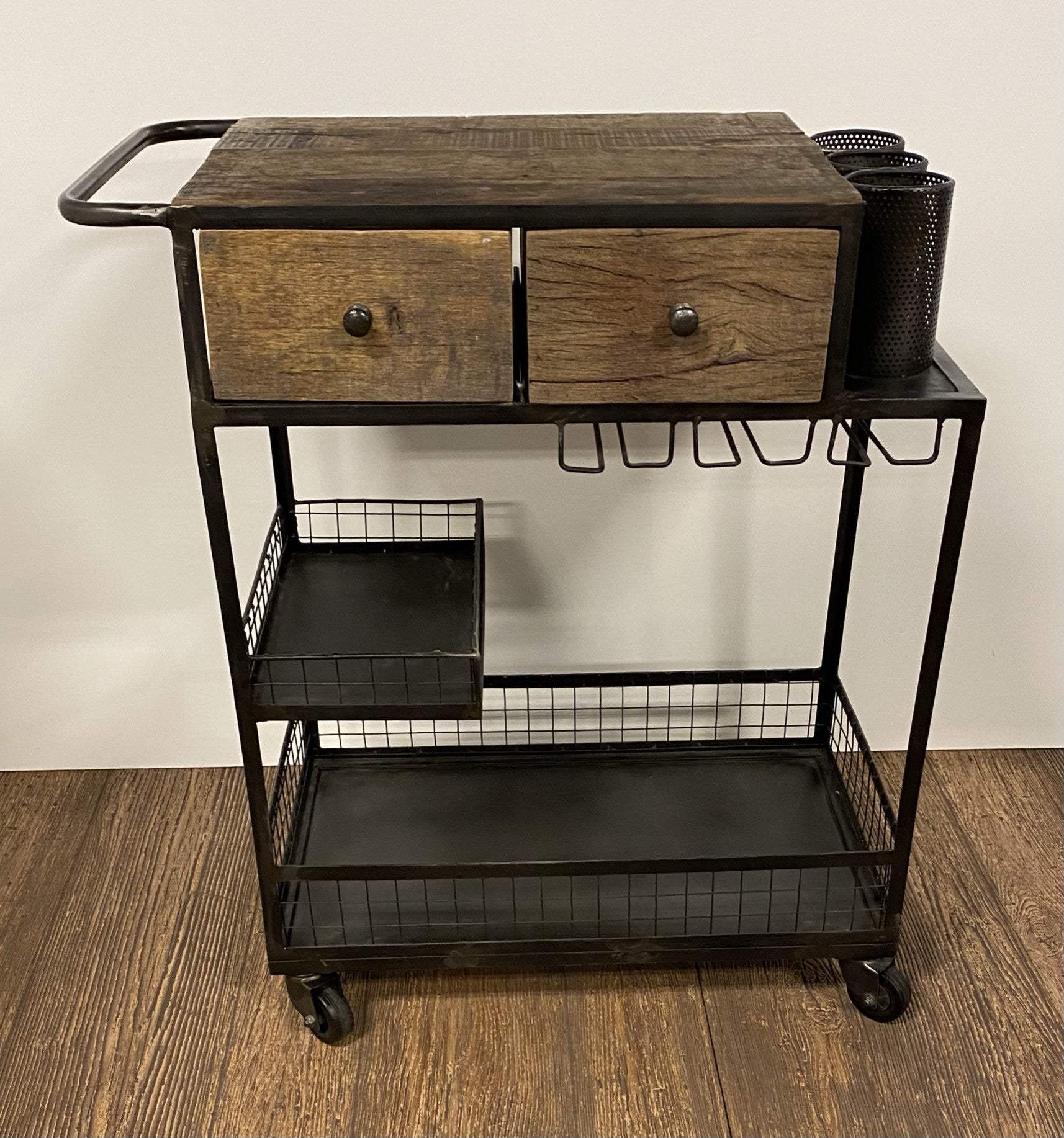 Rolling Rustic Black And Natural Bar Cart - Image 4