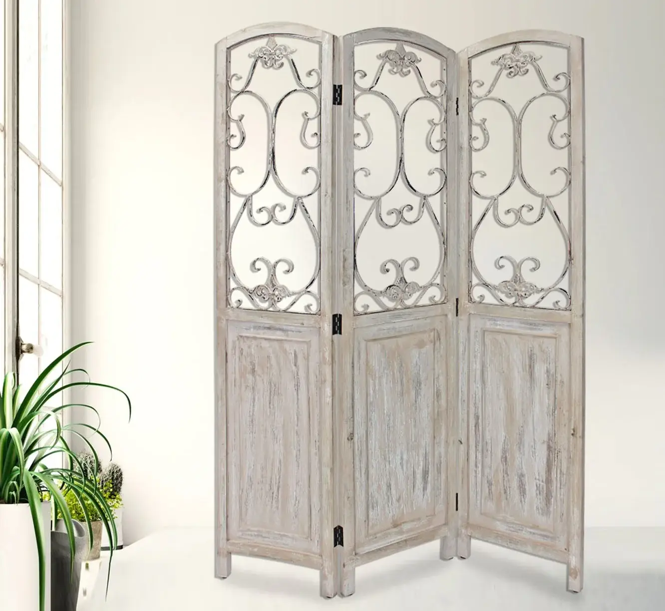 Romantic Whitewashed Scroll Three Panel Room Divider Screen - Image 4