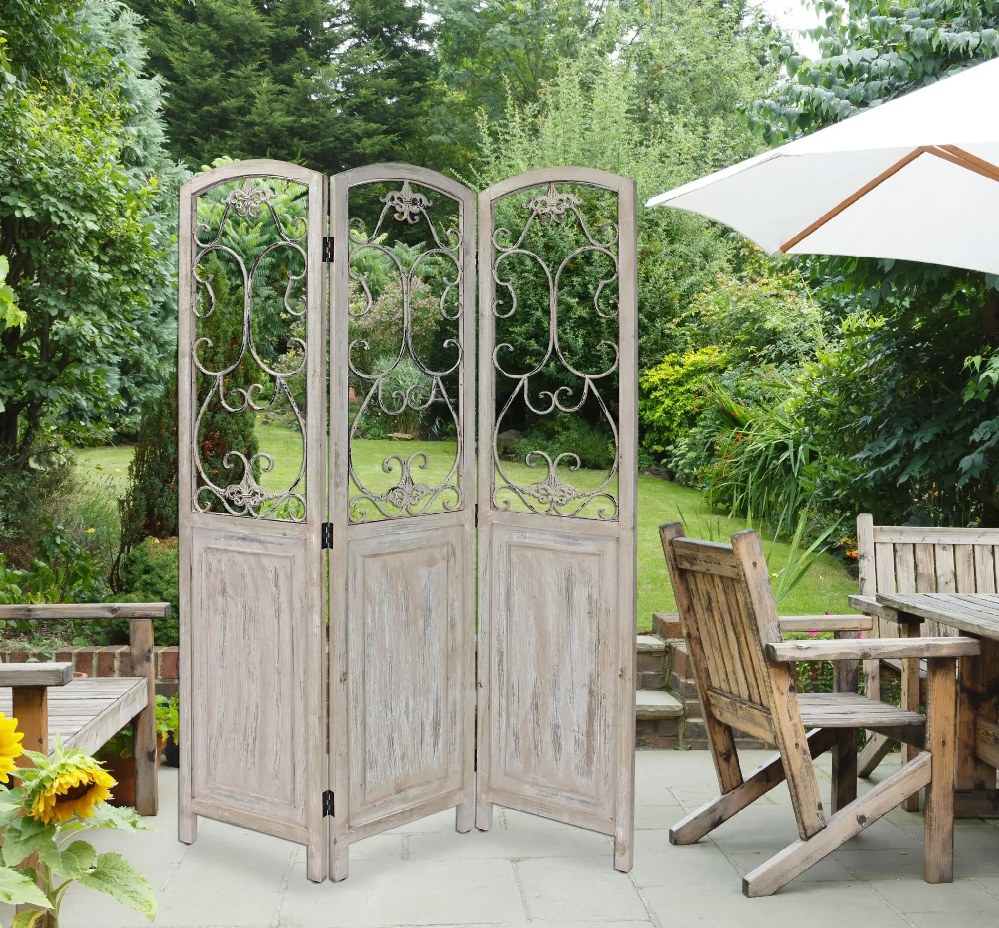 Romantic Whitewashed Scroll Three Panel Room Divider Screen - Image 5