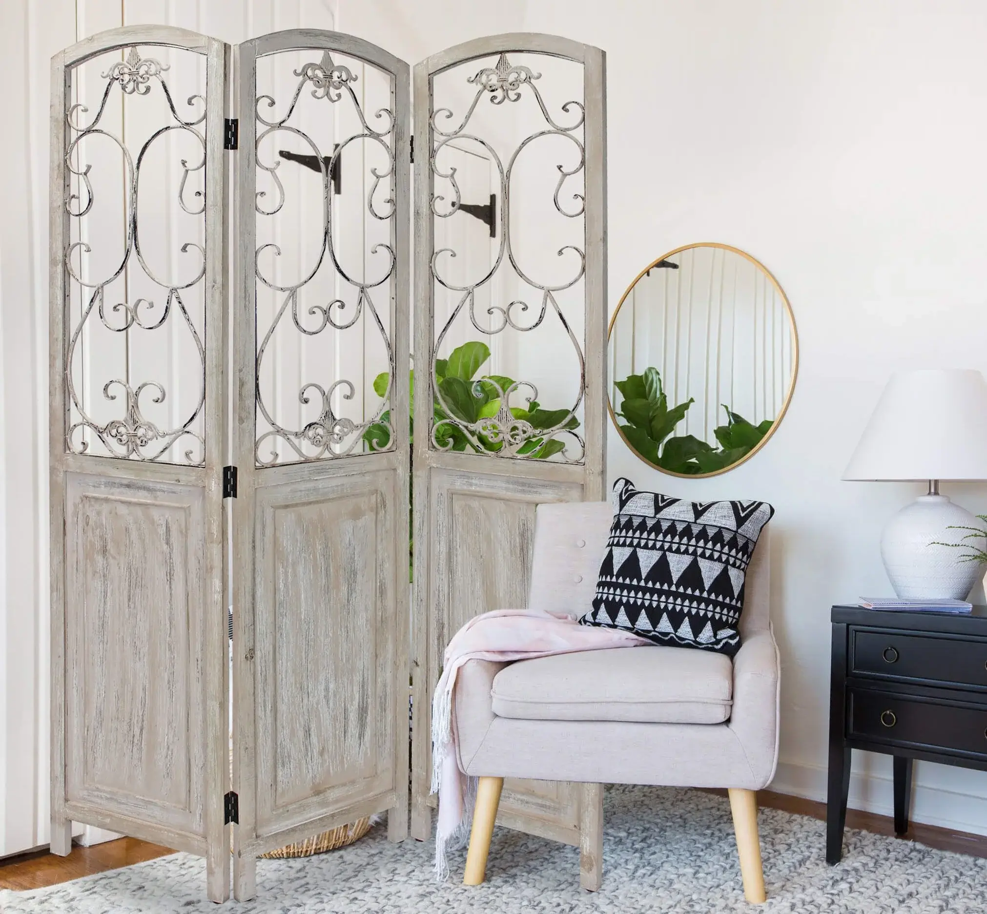 Romantic Whitewashed Scroll Three Panel Room Divider Screen - Image 6