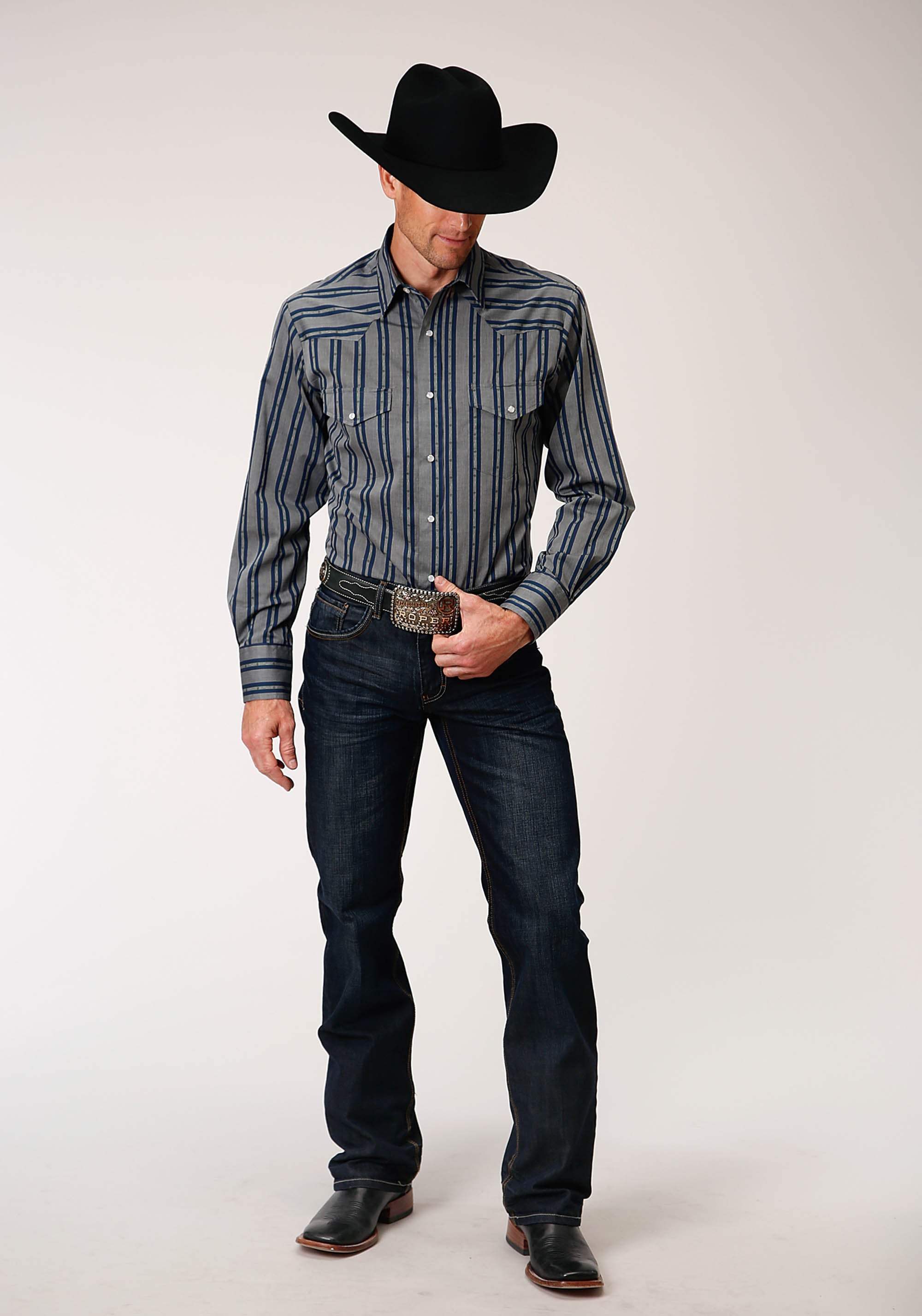 Roper Mens Long Sleeve Snap Wide Blue Dobby Stripe Western Shirt - Image 2
