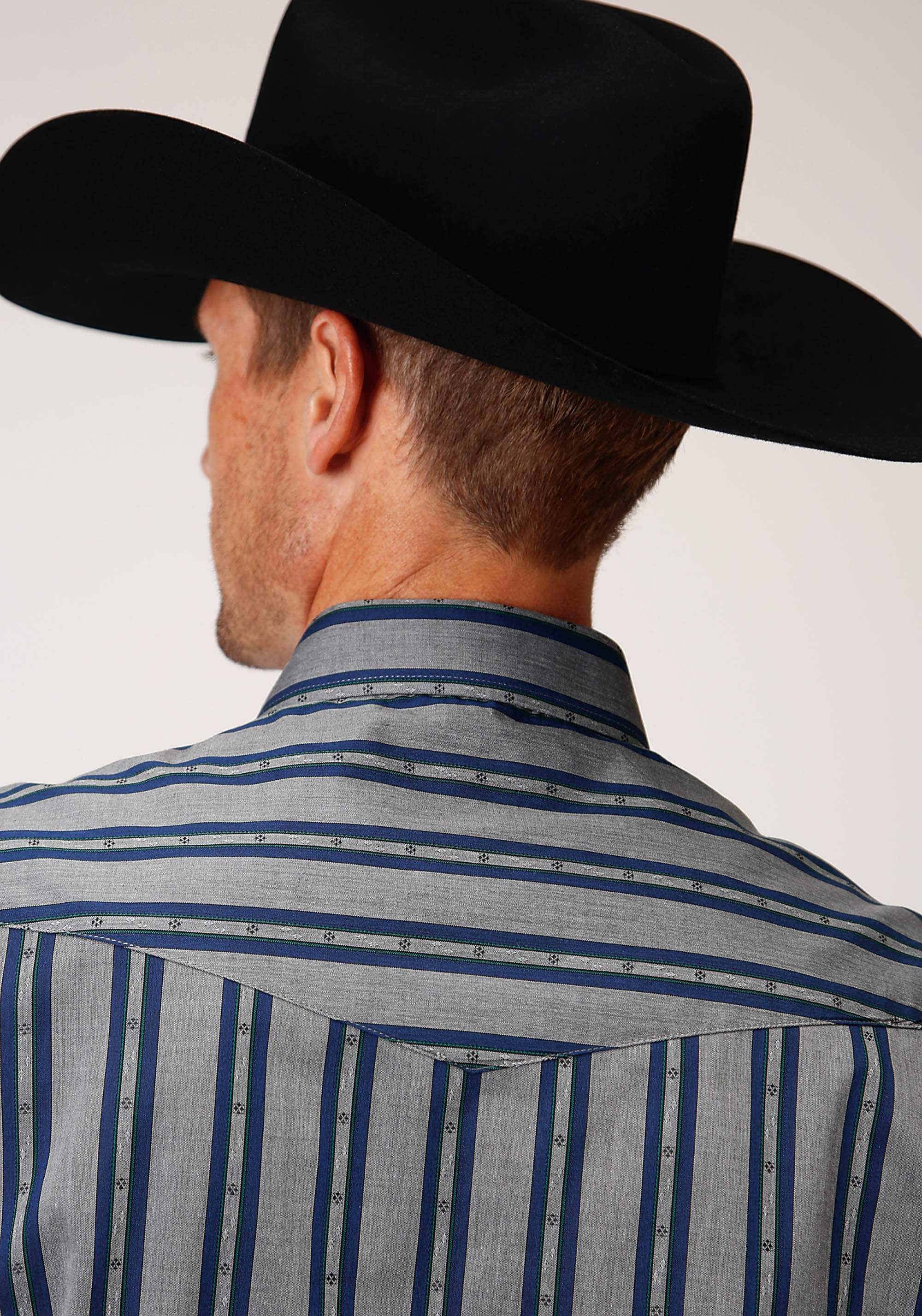 Roper Mens Long Sleeve Snap Wide Blue Dobby Stripe Western Shirt - Image 3