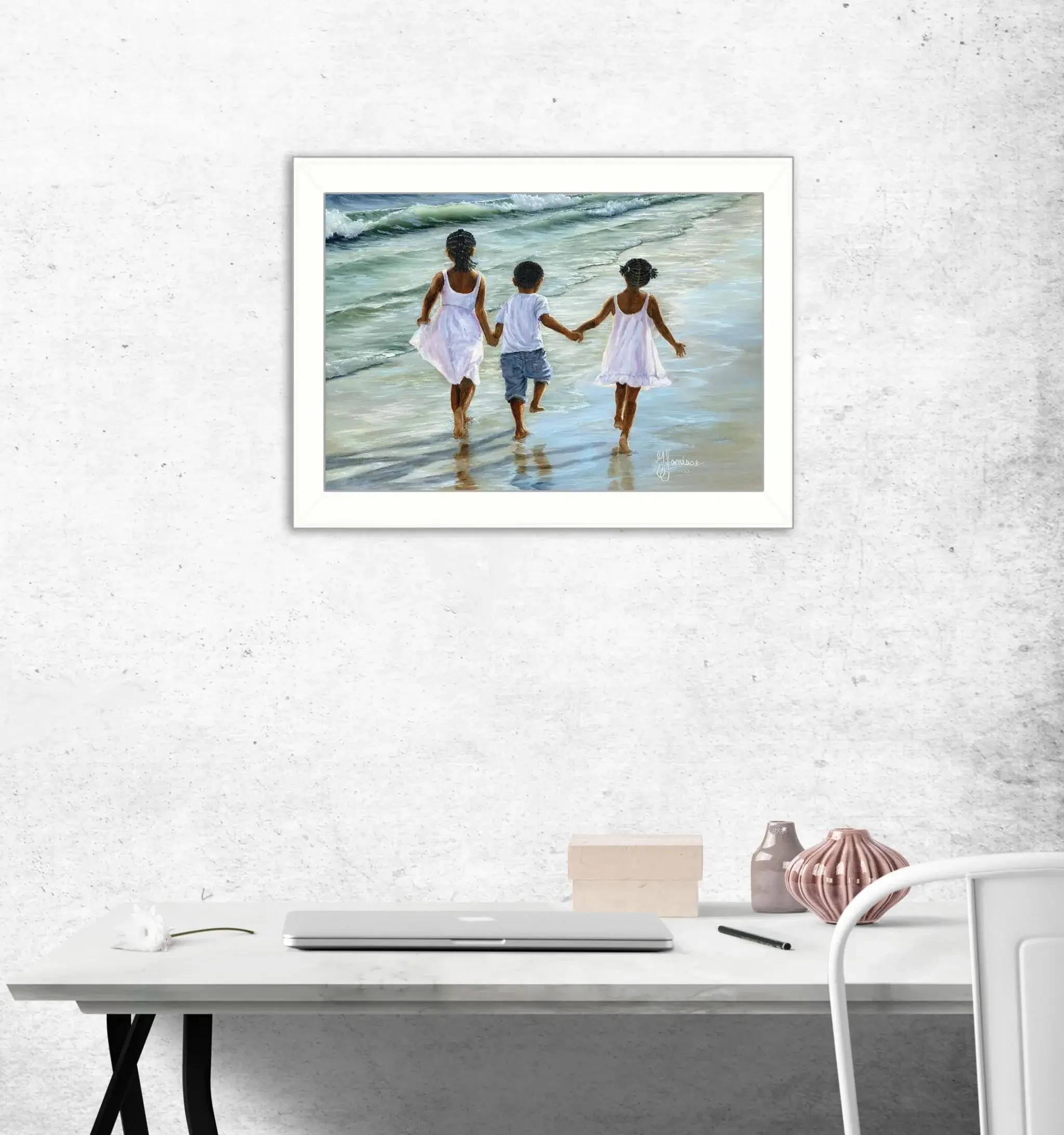 Running on the Beach 1 White Framed Print Wall Art - Image 4