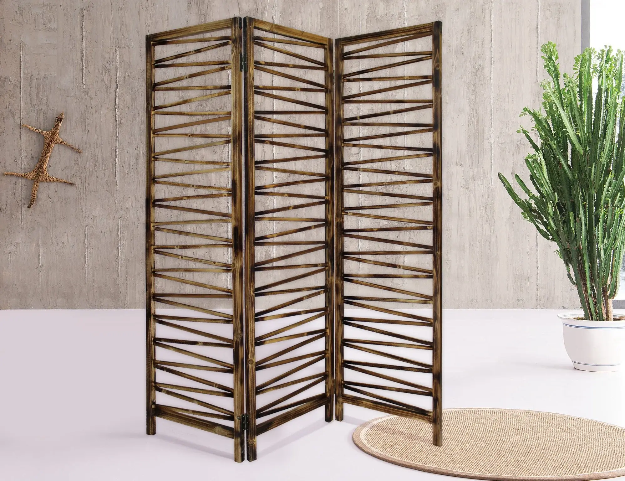 Rustic Geo Design Wood Three Panel Room Divider Screen - Image 3