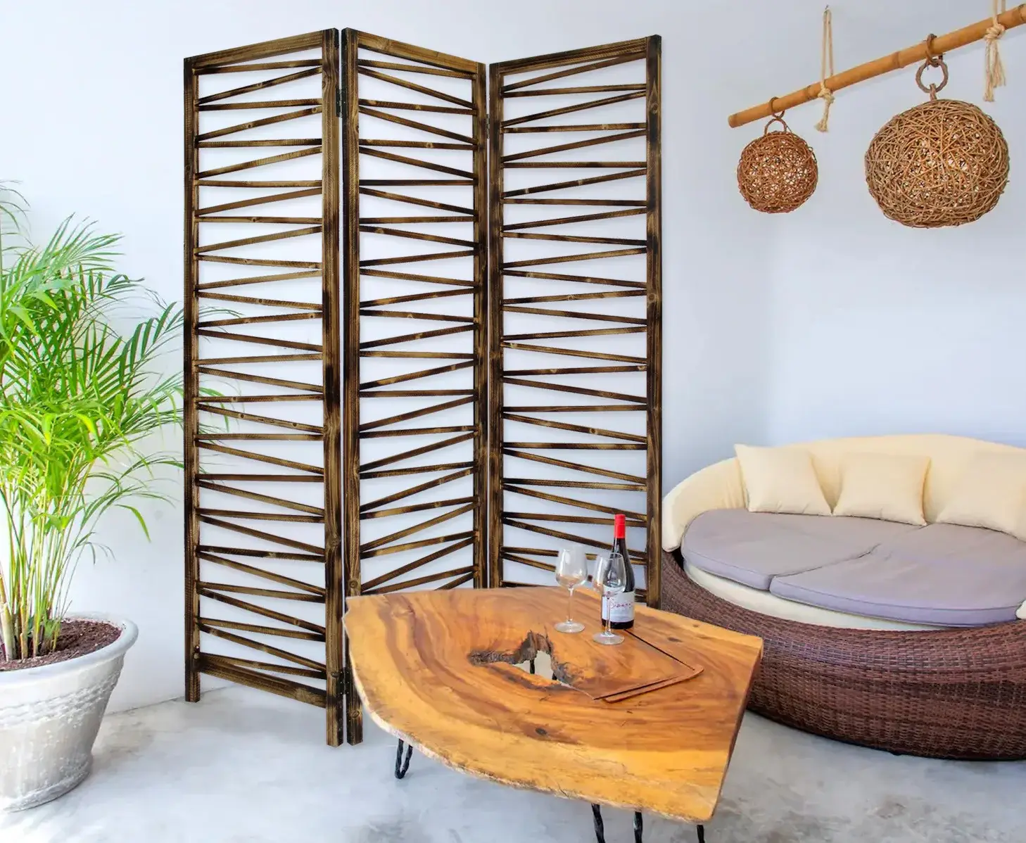Rustic Geo Design Wood Three Panel Room Divider Screen - Image 4