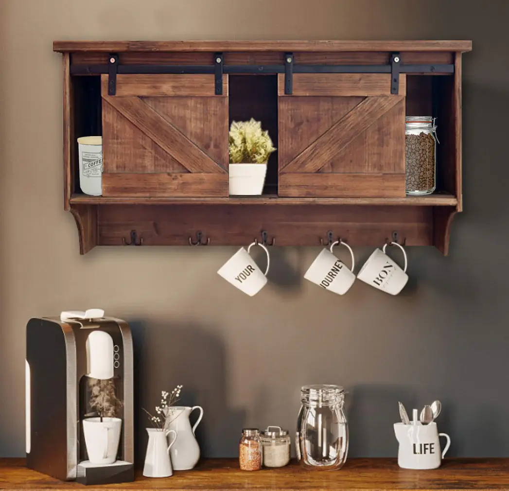 Rustic Wooden Shelf With Barn Door Storage And Hooks - Image 7