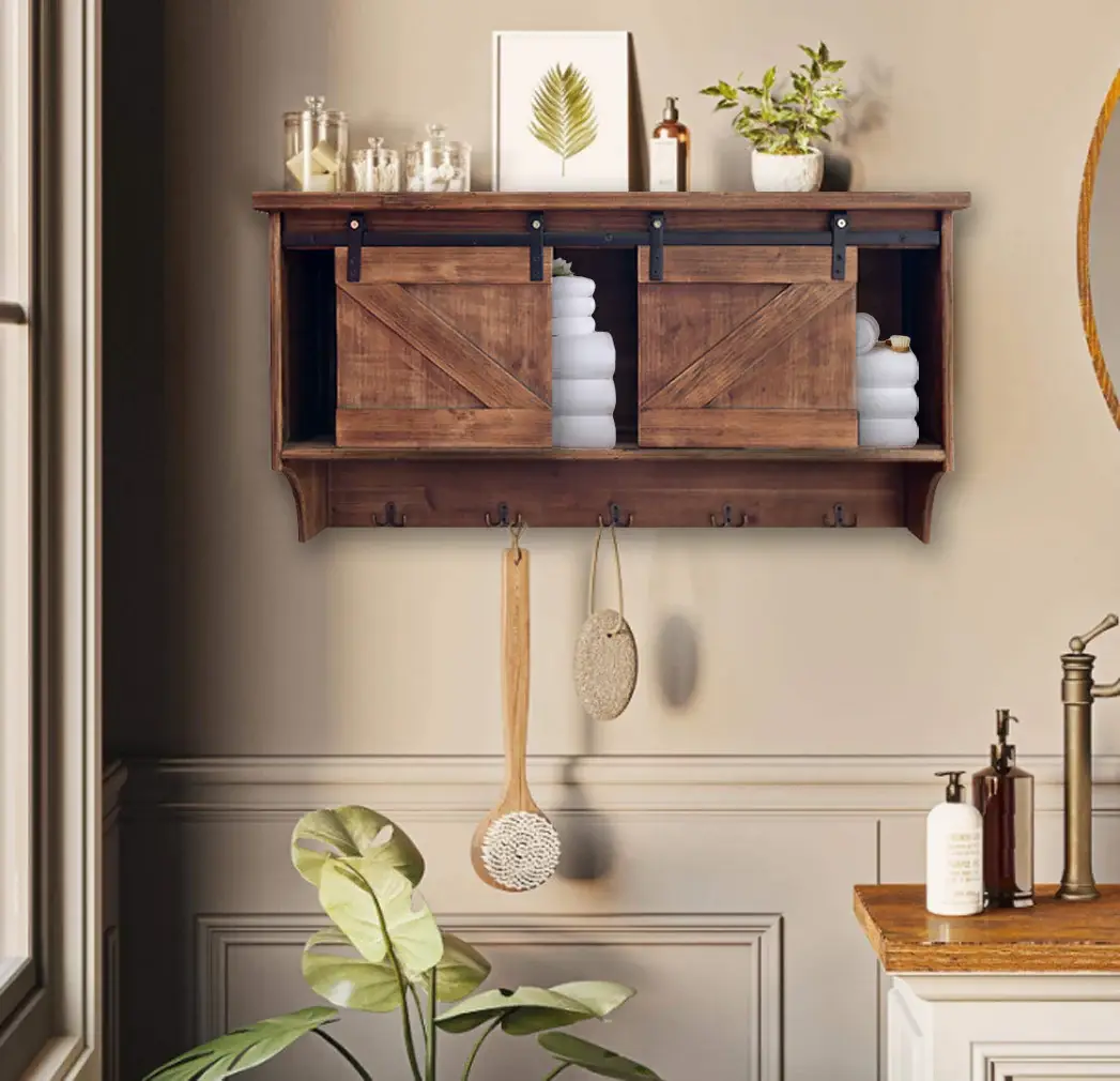 Rustic Wooden Shelf With Barn Door Storage And Hooks - Image 9