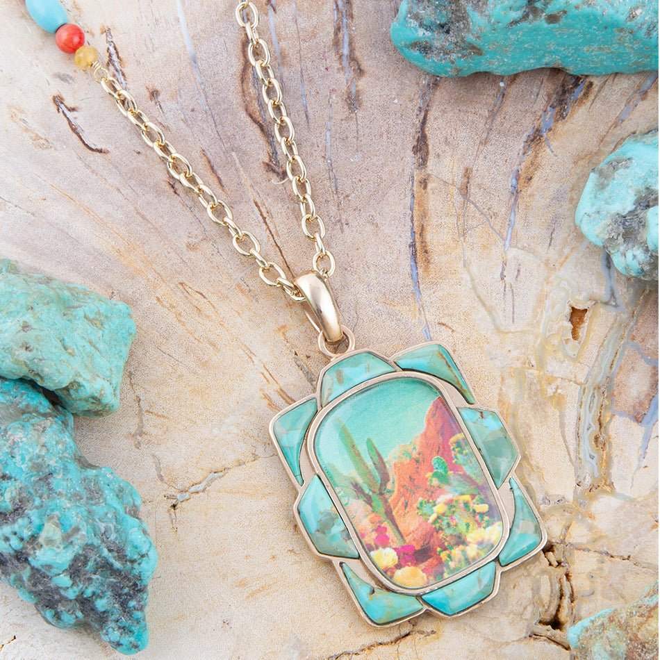 Scenic Sedona Desert Blue Turquoise Golden Pendant Necklace - Image 5