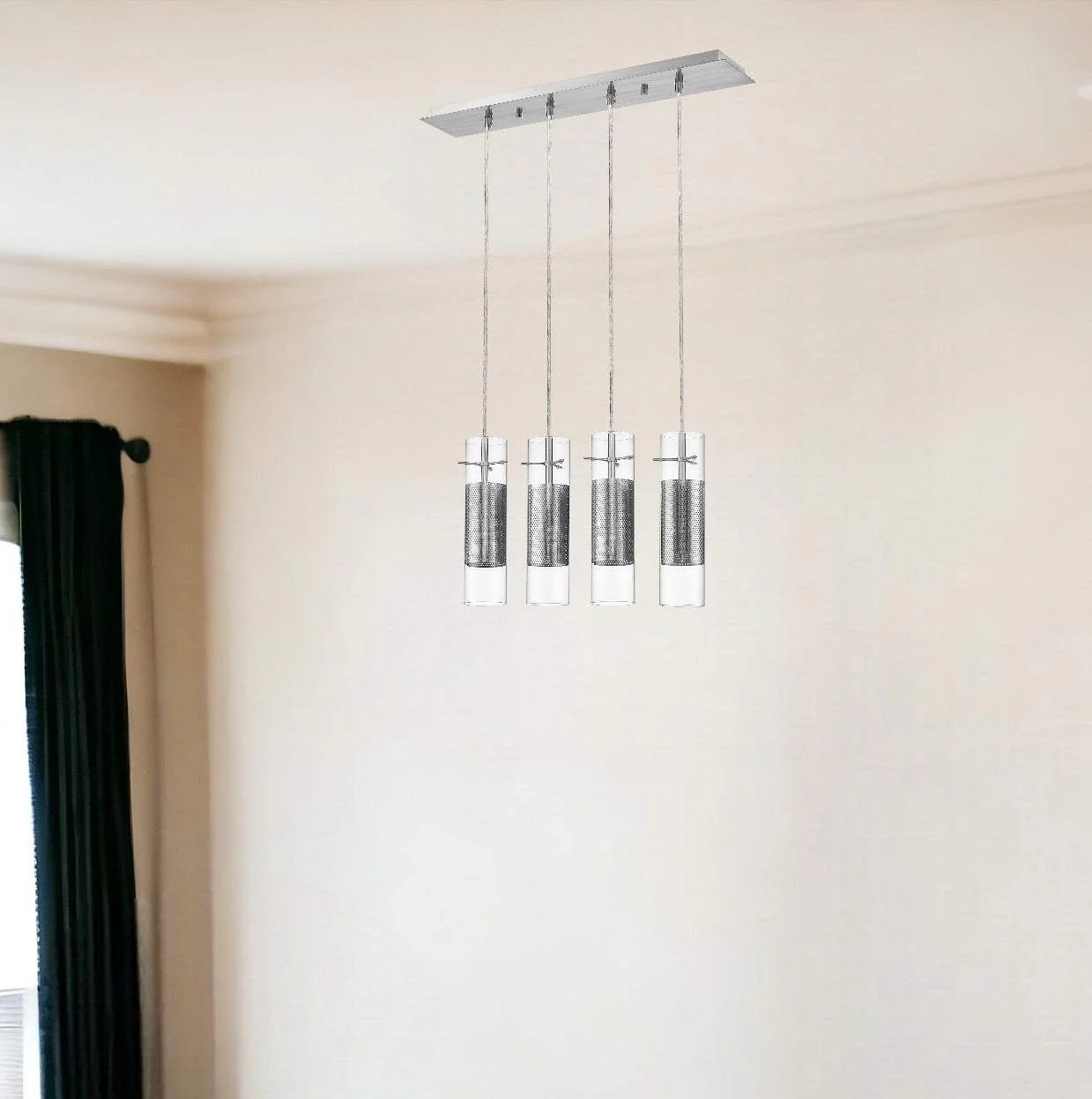 Scope 4-Light Brushed Nickel Pendant Double Glass and Mesh Shades - Image 2
