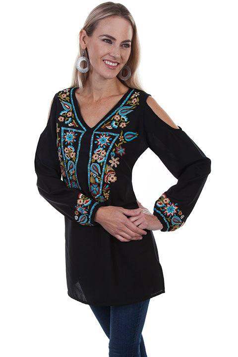 Scully BLACK COLD SHOULDER W/FLORAL Embroidered GEORGETTE Top