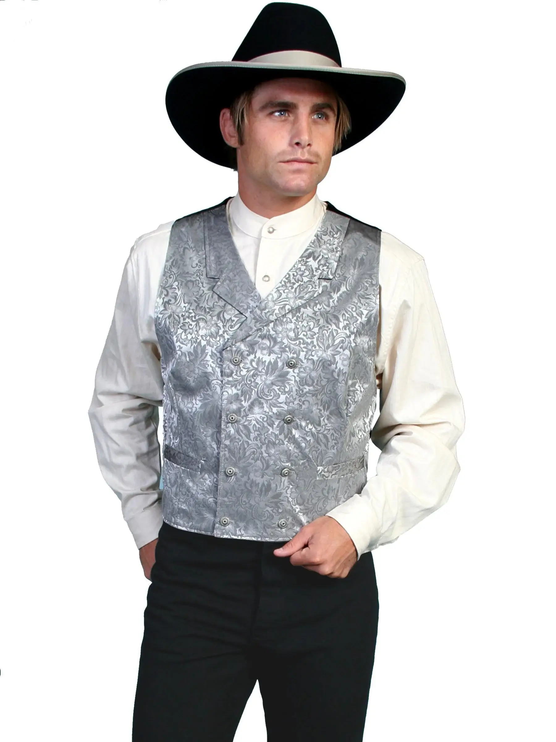 Scully Leather Grey Floral Silk Double Breasted Mens Vest