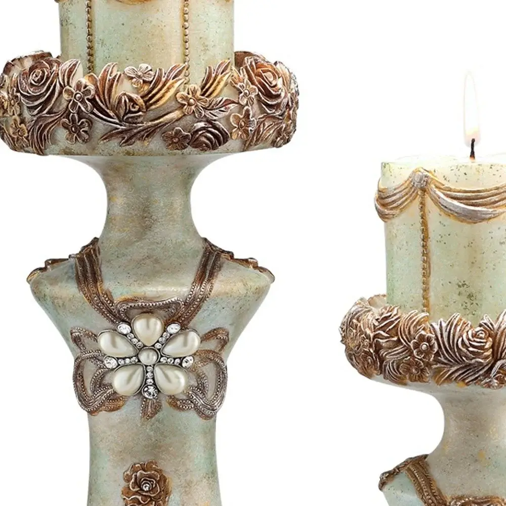Set of 2 Beige And Brown Vintage Pillar Tabletop Candle Holders - Image 5