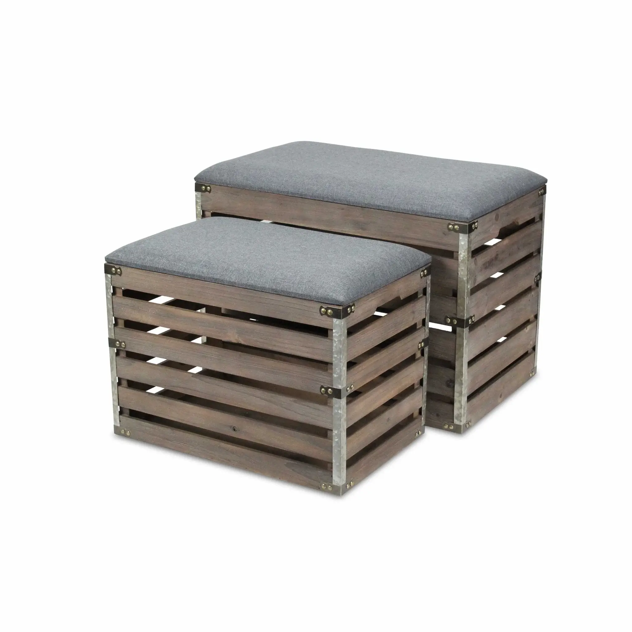 Set Of 2 Rectangular Gray Linen Fabric And Wood Slats Storage Benches - Image 3